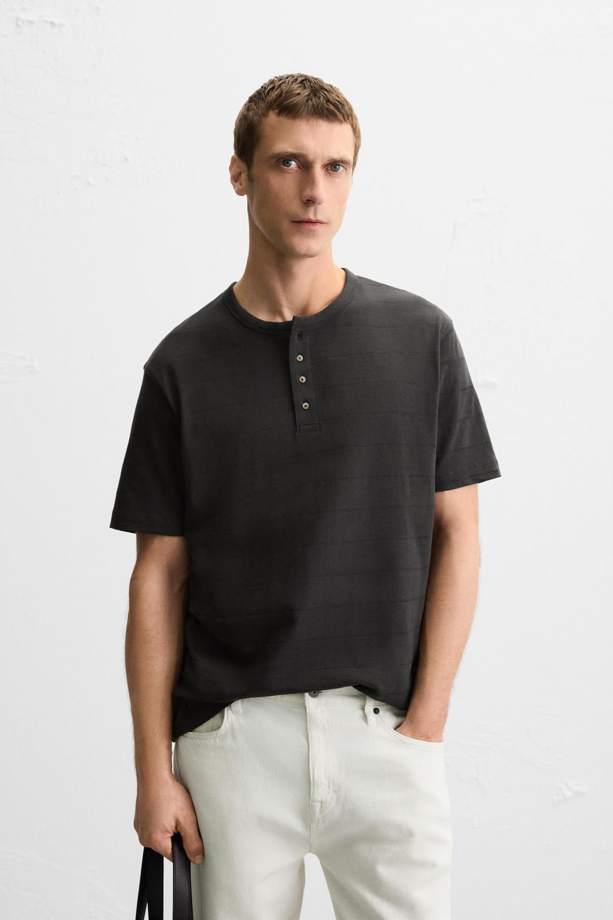 자라 스트라이프 버튼넥 레귤러핏 코튼 반팔 티셔츠 9240/301 KHAKI - 상세 이미지 3