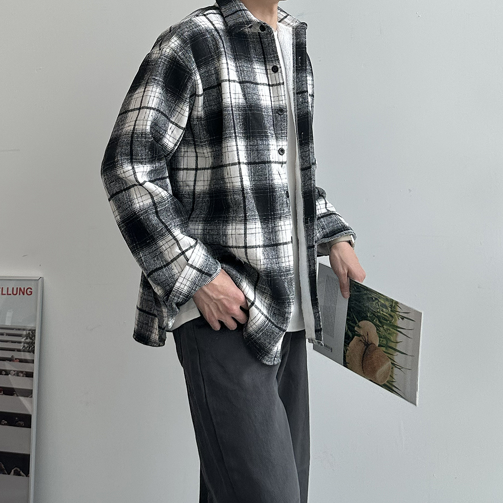 남자 기모셔츠 오버핏 모직 체크 남방 양털 레드 빨간 남자 셔츠 - 상세 이미지 4