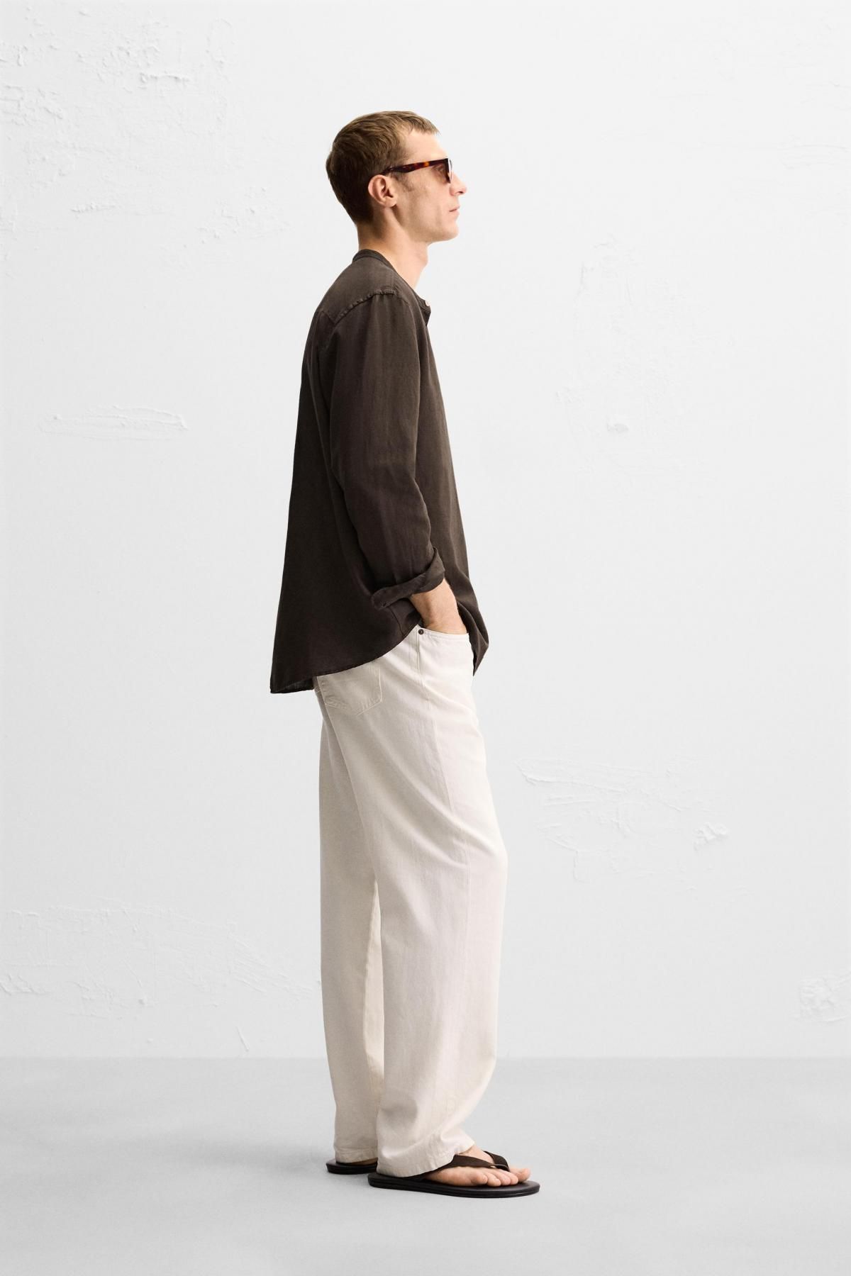 자라 리넨코튼 스탠드카라 긴팔 셔츠 1063/306 BROWN - 상세 이미지 5