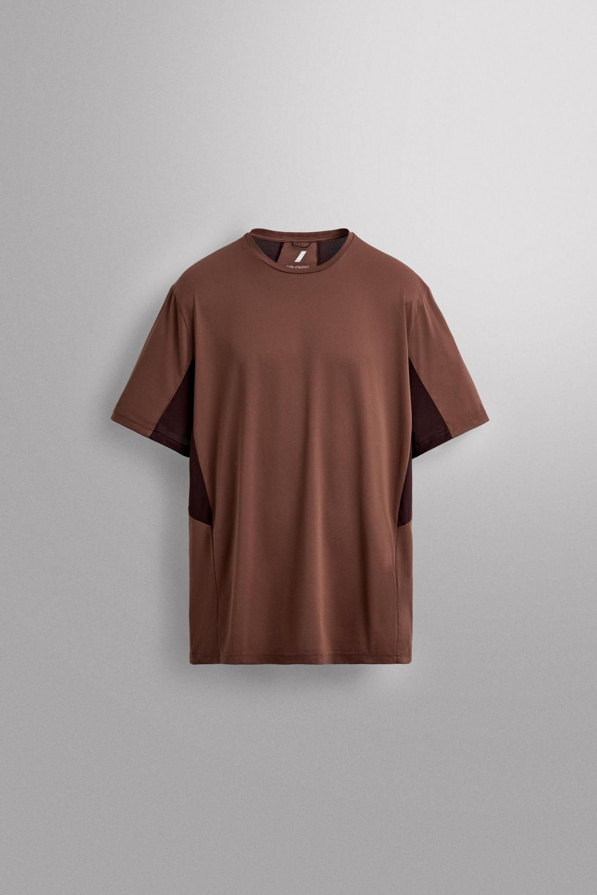 자라 테크니컬 컬러블록 라운드 반팔 티셔츠 4387/301 BURGUNDY - 메인 이미지