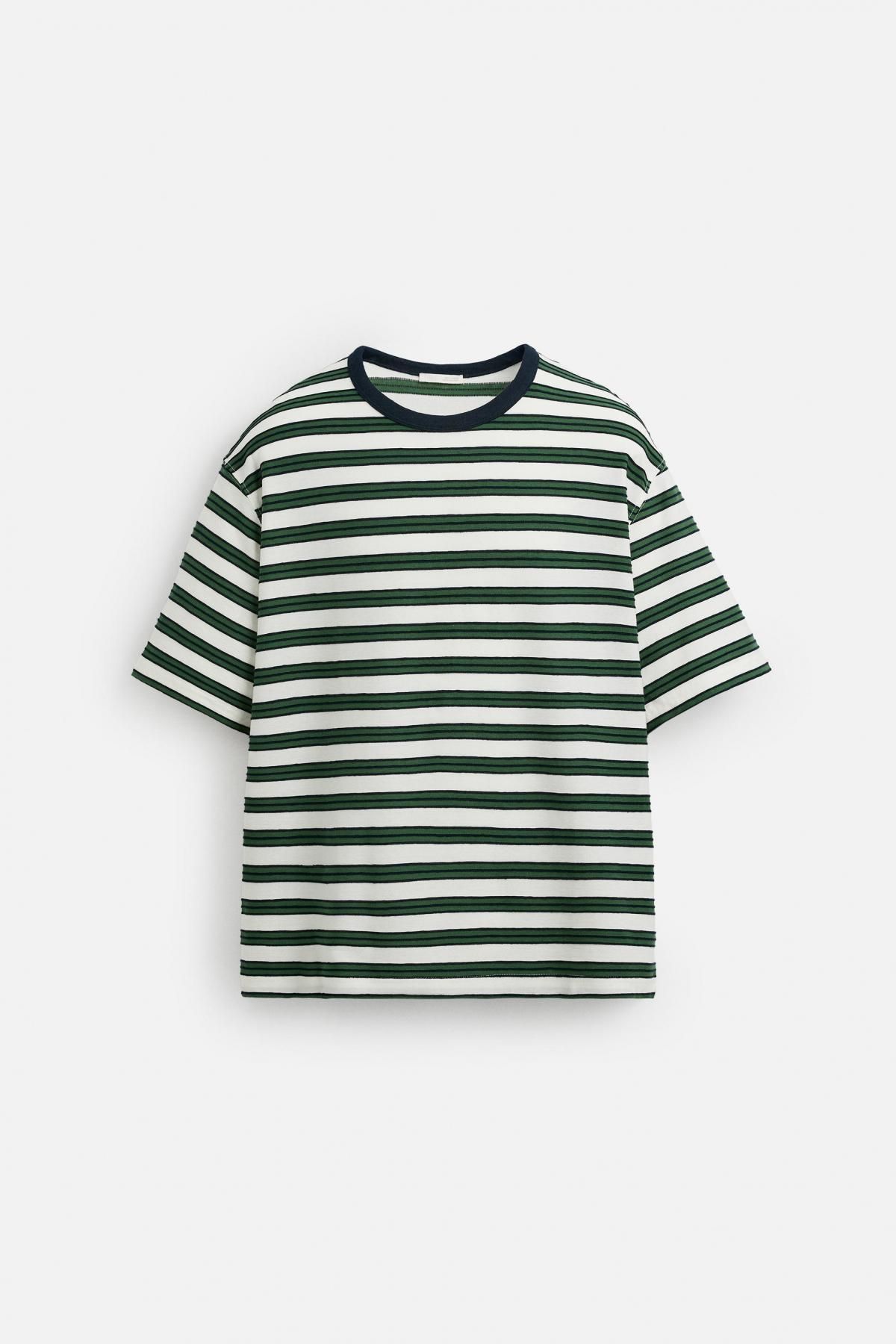 자라 스트라이프 오버핏 라운드 반팔 티셔츠 9240/416 GREEN / ECRU - 메인 이미지