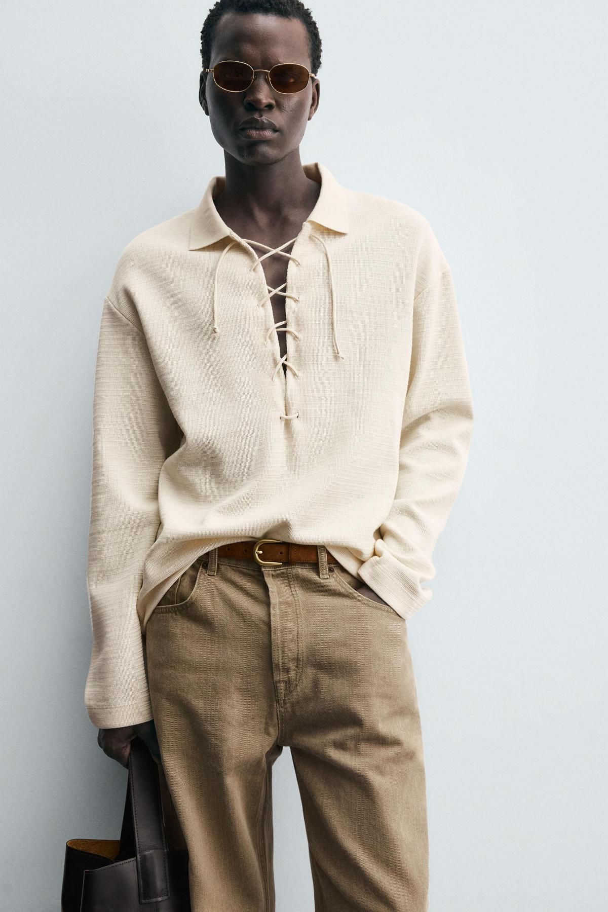 자라 텍스처 릴렉스핏 드로스트링 긴팔 폴로셔츠 5372/331 OYSTER-WHITE 이미지 6