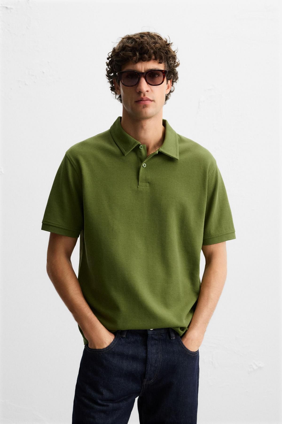 자라 베이직 텍스처 올리브 반팔 폴로셔츠 4092/400 INTENSE GREEN - 상세 이미지 3