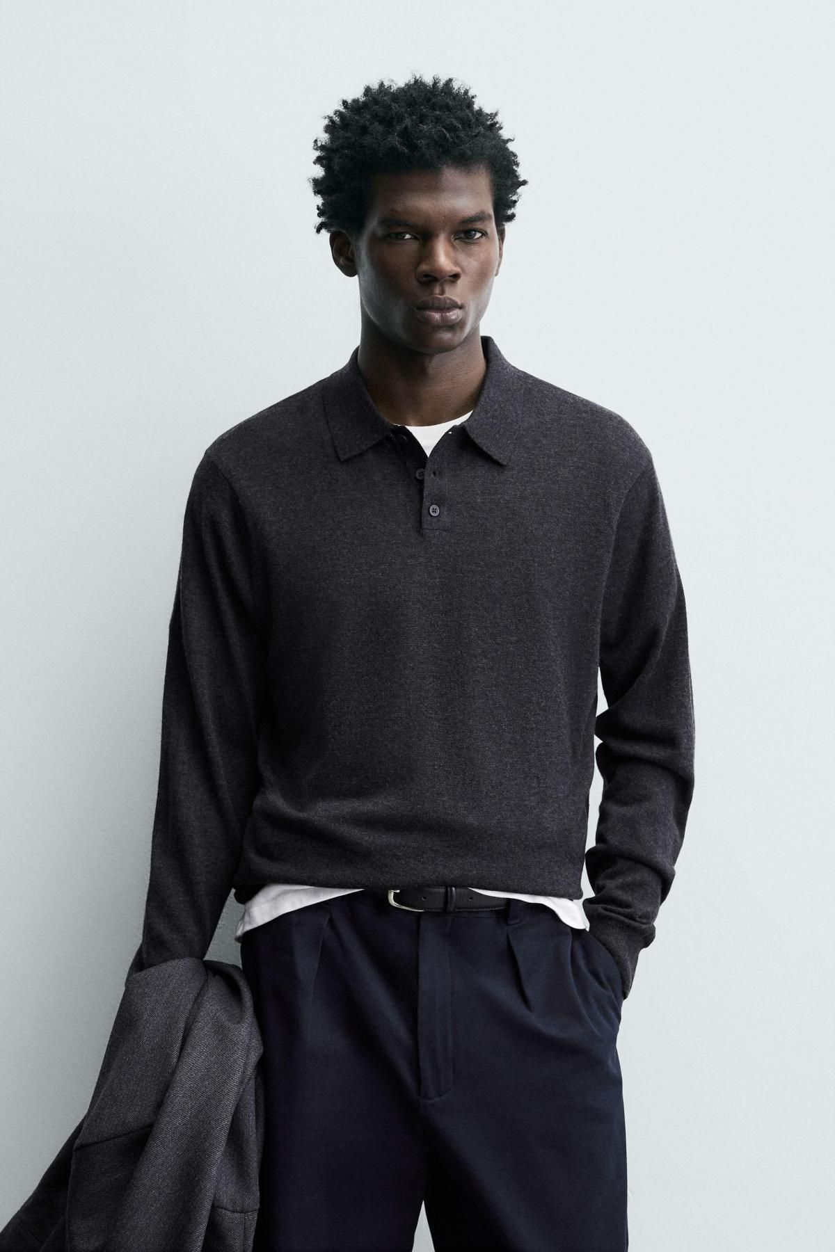 자라 울 실크 긴팔 폴로 니트 스웨터 0077/304 ANTHRACITE GREY - 상세 이미지 3