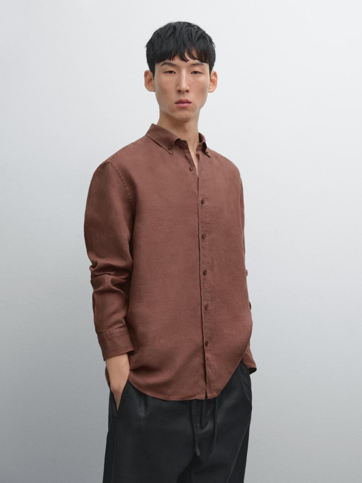 마시모두띠 리넨 클래식 레귤러핏 긴팔 셔츠 브라운 0110/777 BURGUNDY - 상품 이미지