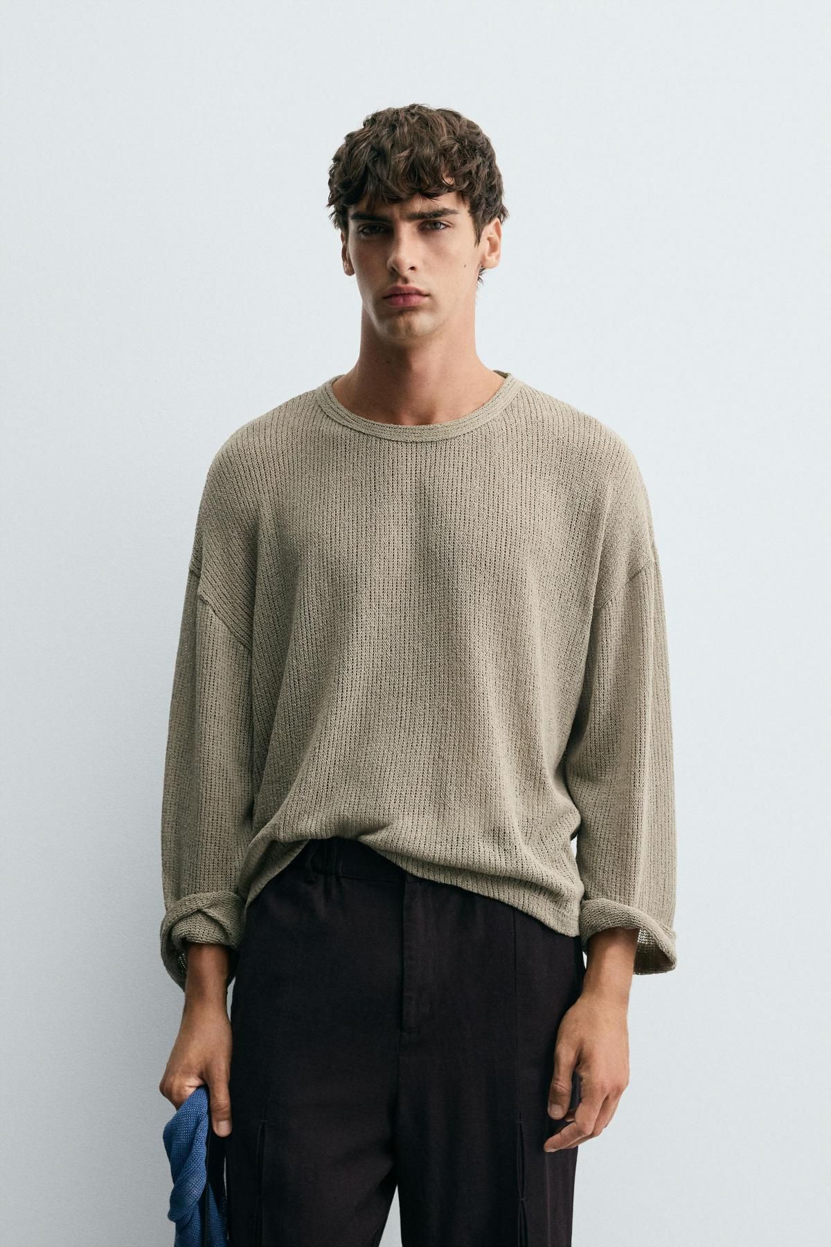 자라 오픈워크 텍스처 라운드넥 긴팔 티셔츠 3992/305 BROWN / TAUPE - 상세 이미지 3