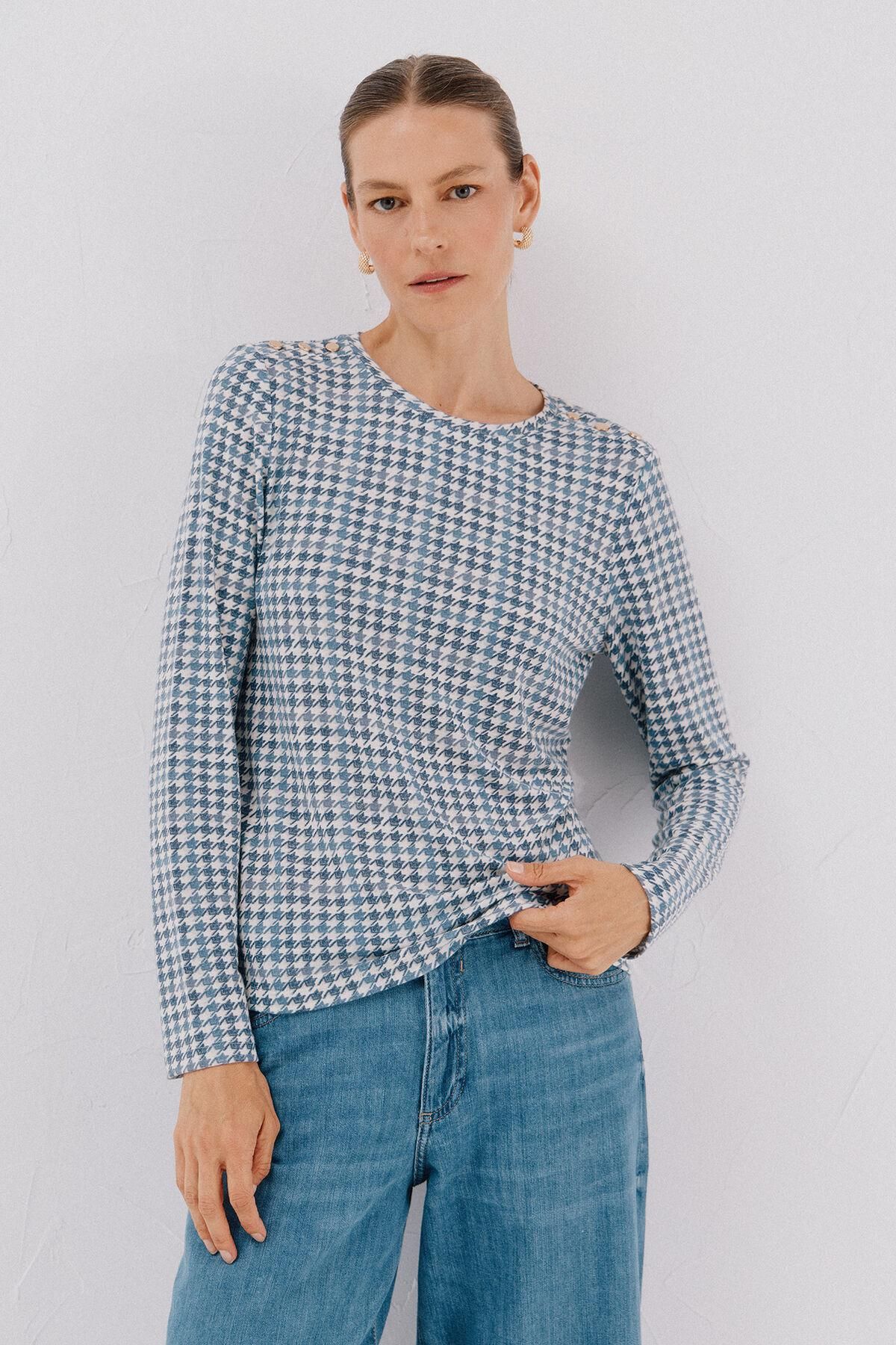 꼬르떼피엘 체크 라운드넥 골드버튼 긴팔 티셔츠 6322482 ESTAMPADO AZUL - 메인 이미지