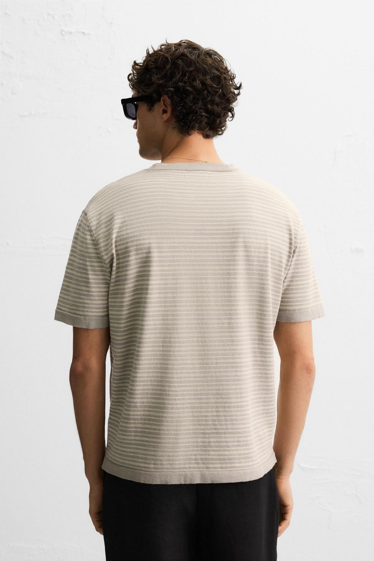 자라 스트라이프 코튼 리넨 반팔 니트 티셔츠 3003/305 GREY / BEIGE - 상세 이미지 4