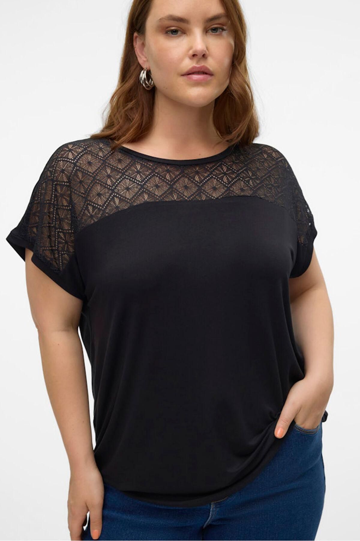 베로모다 플러스사이즈 레이스 반팔 티셔츠 9934359 NEGRO - 상세 이미지 4