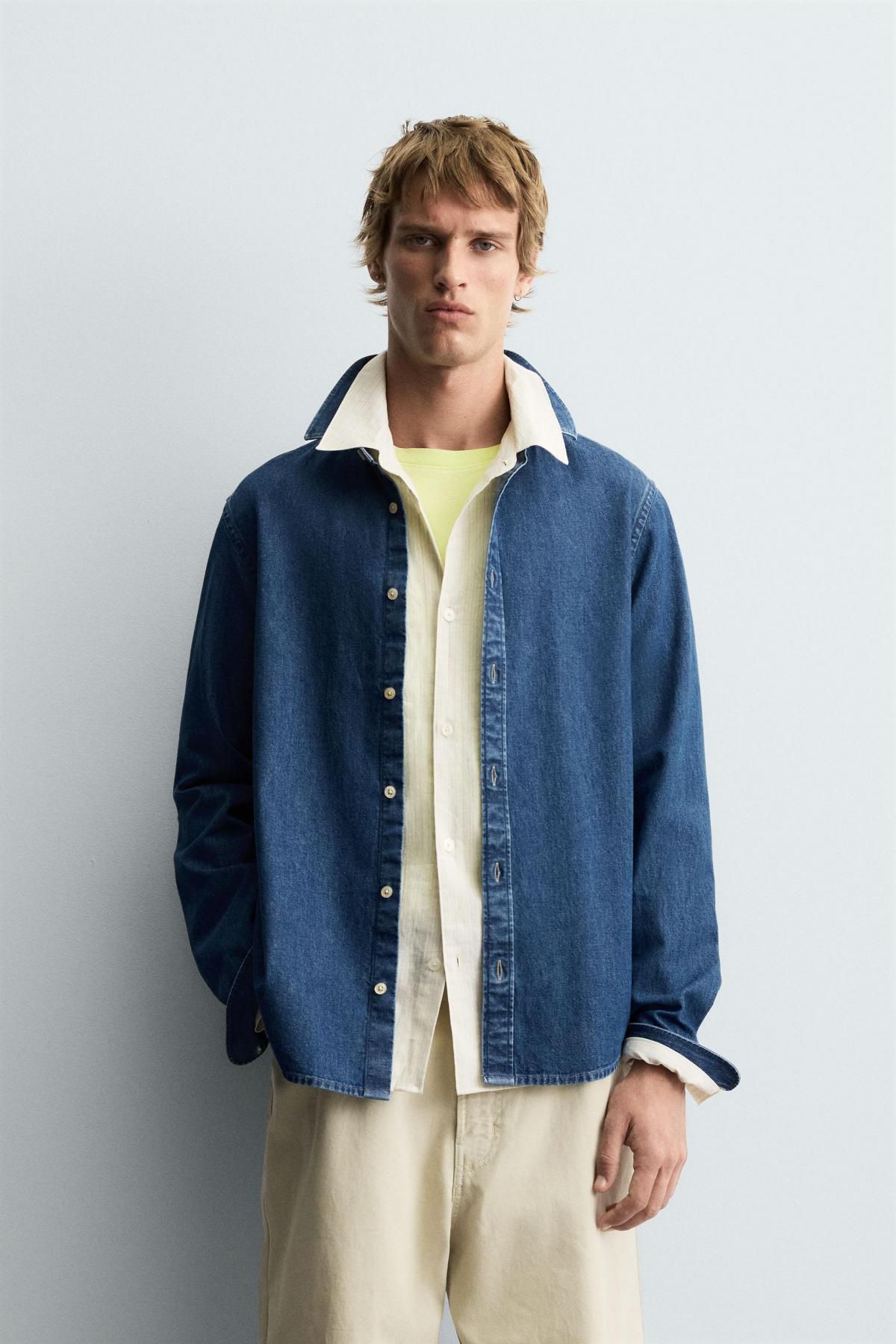 자라 테크니컬 데님 스티치 긴팔 셔츠 7545/490 MID-BLUE - 상세 이미지 3