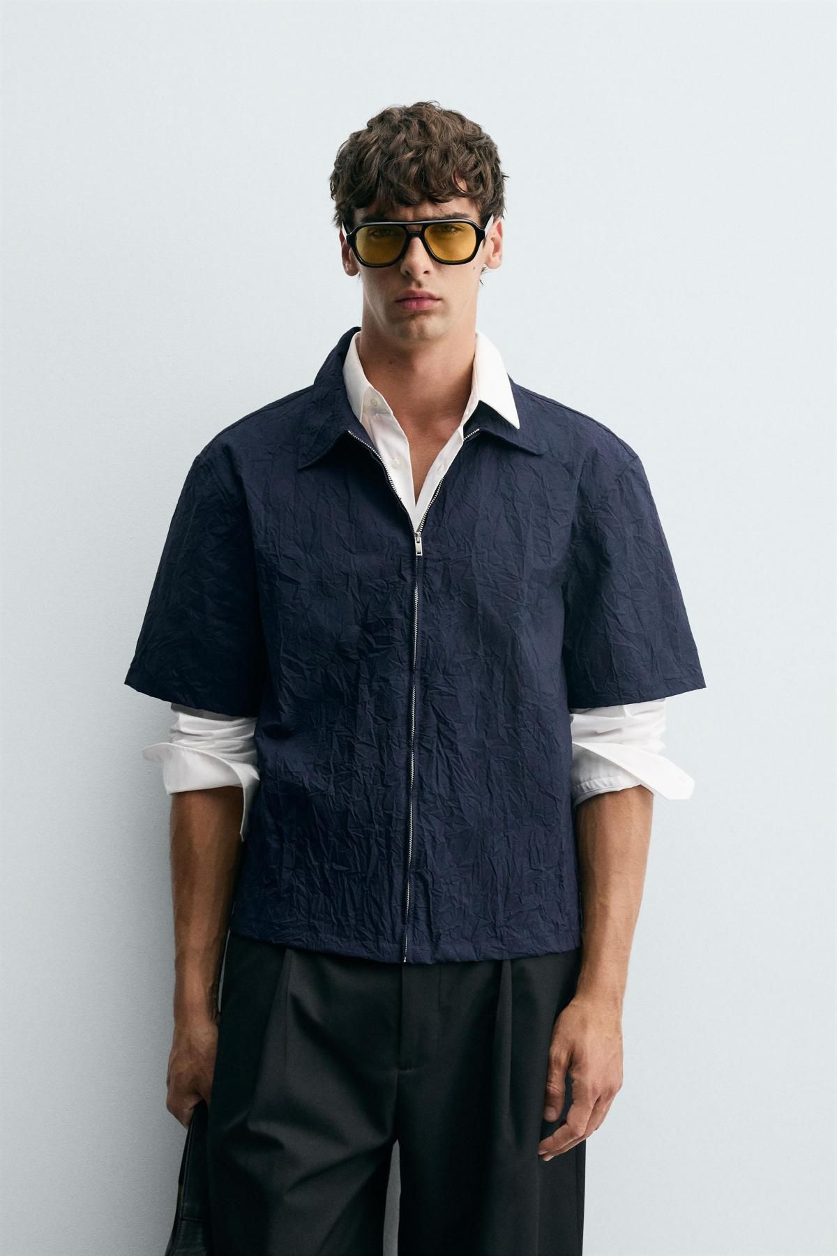 자라 링클 테크니컬 집업 반팔 셔츠 7545/347 NAVY BLUE - 상세 이미지 3