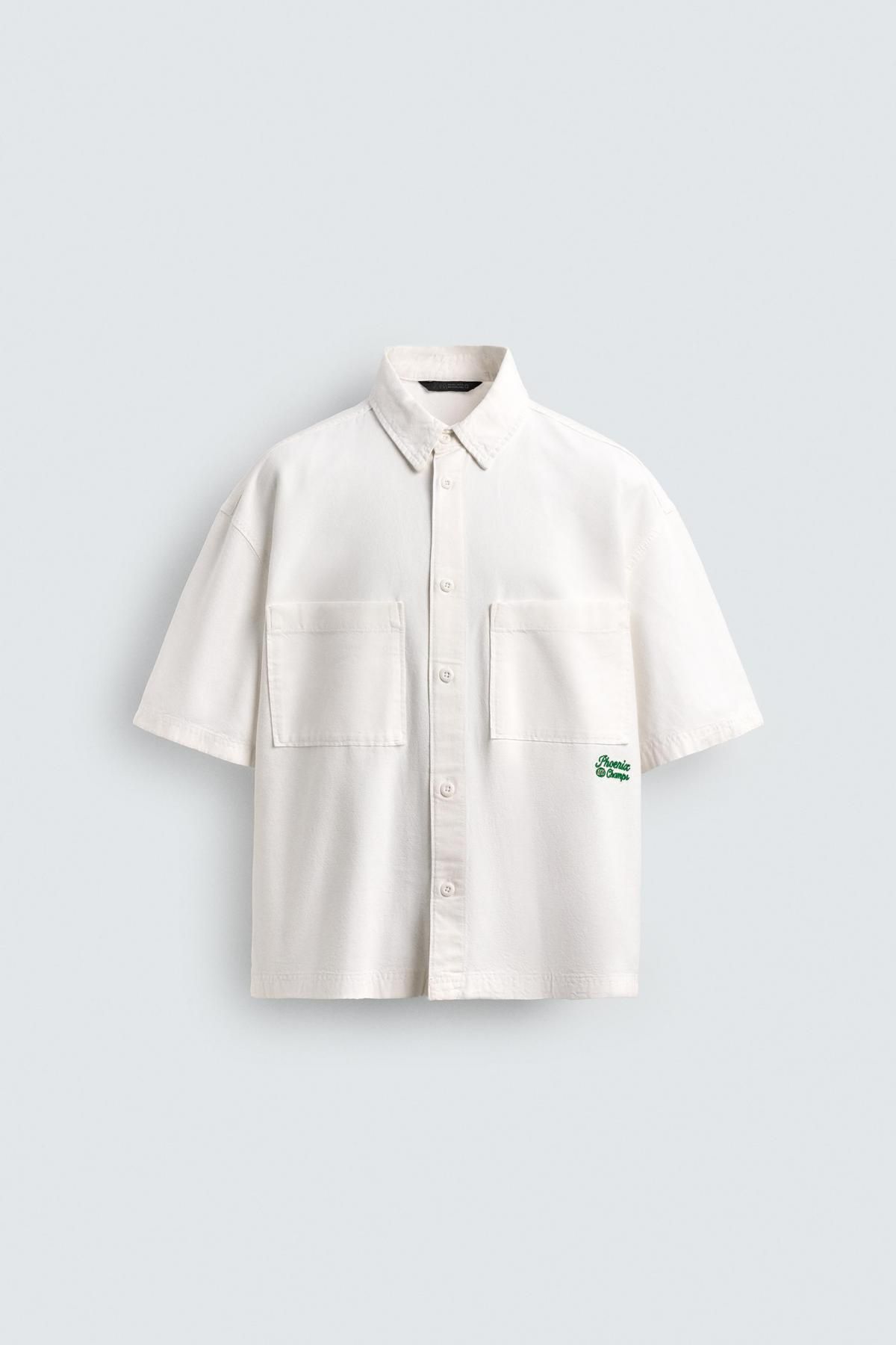 자라 테크니컬 코튼 캔버스 자수 반팔 셔츠 6987/308 OYSTER-WHITE - 메인 이미지
