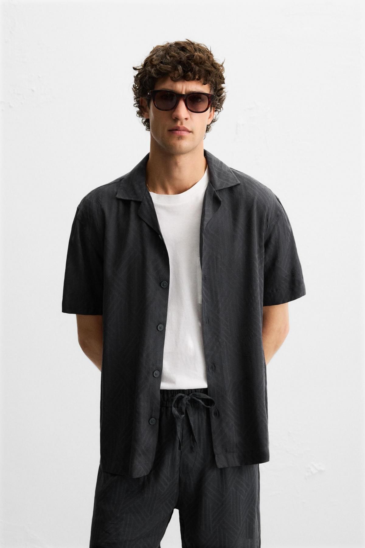 자라 지오메트릭 자카드 반팔 셔츠 1450/301 ANTHRACITE GREY - 상세 이미지 3