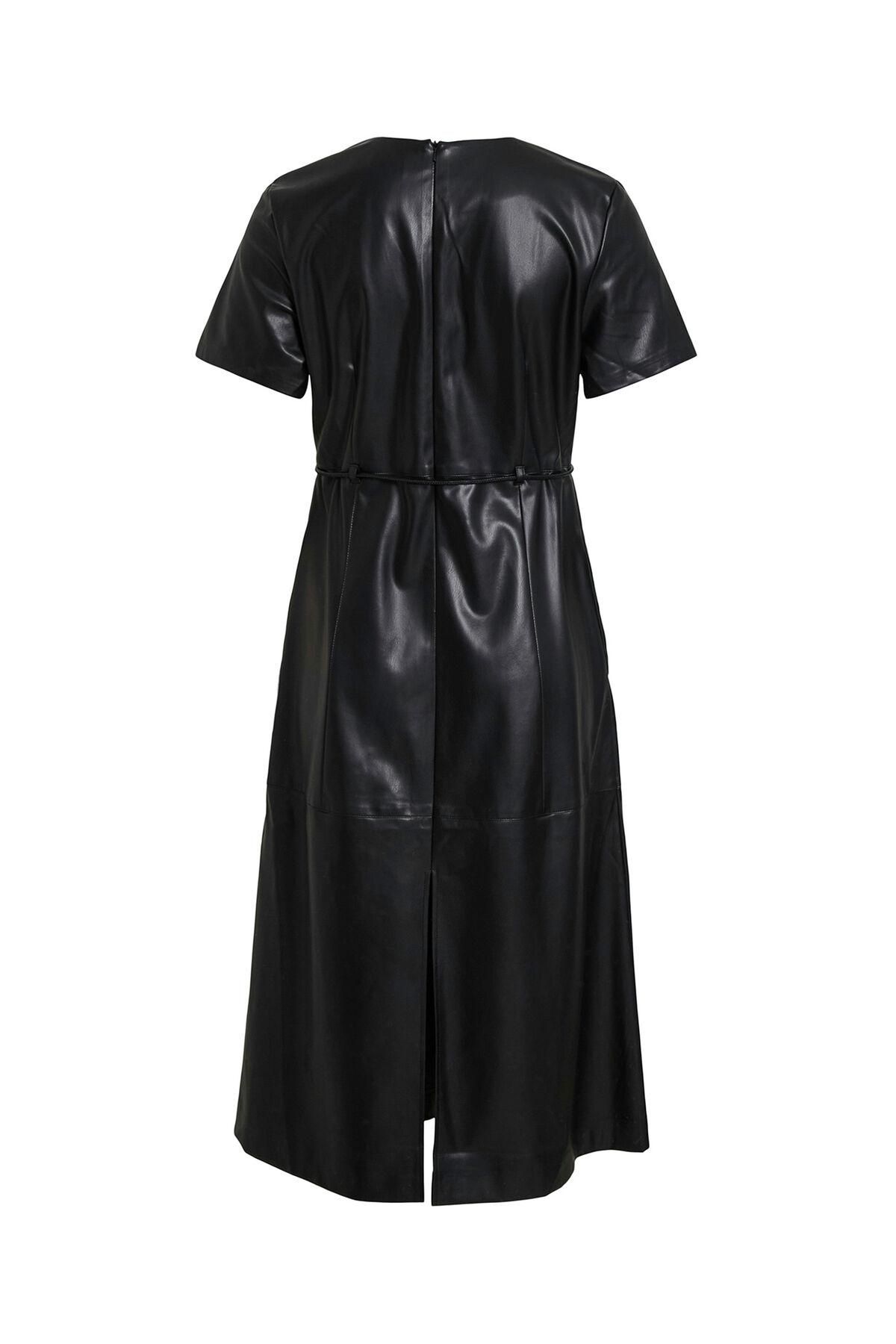 빌라 페이크 레더 브이넥 미디 원피스 6442224 NEGRO - 상세 이미지 2