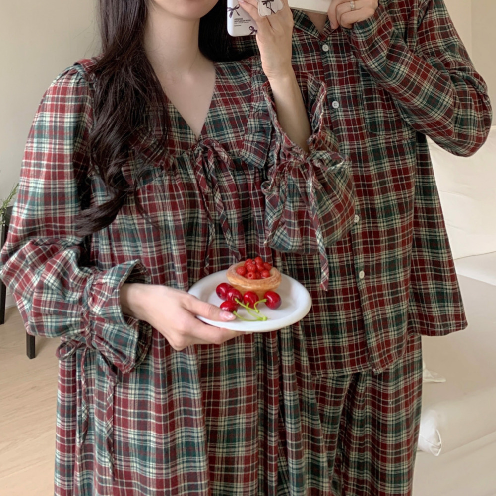 피치기모잠옷 신혼부부커플잠옷 파자마파티 크리스마스 가을 겨울 긴팔 원피스 홈웨어 - 메인 이미지