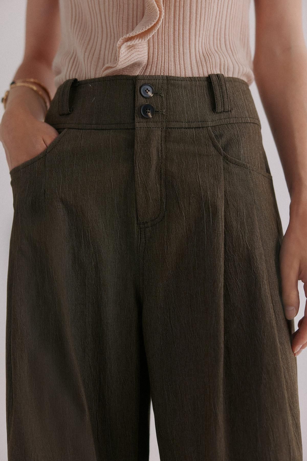 호스 인트로피아 트렌디 와이드핏 플리츠 슬랙스 팬츠 6542816 KAKI - 상세 이미지 4