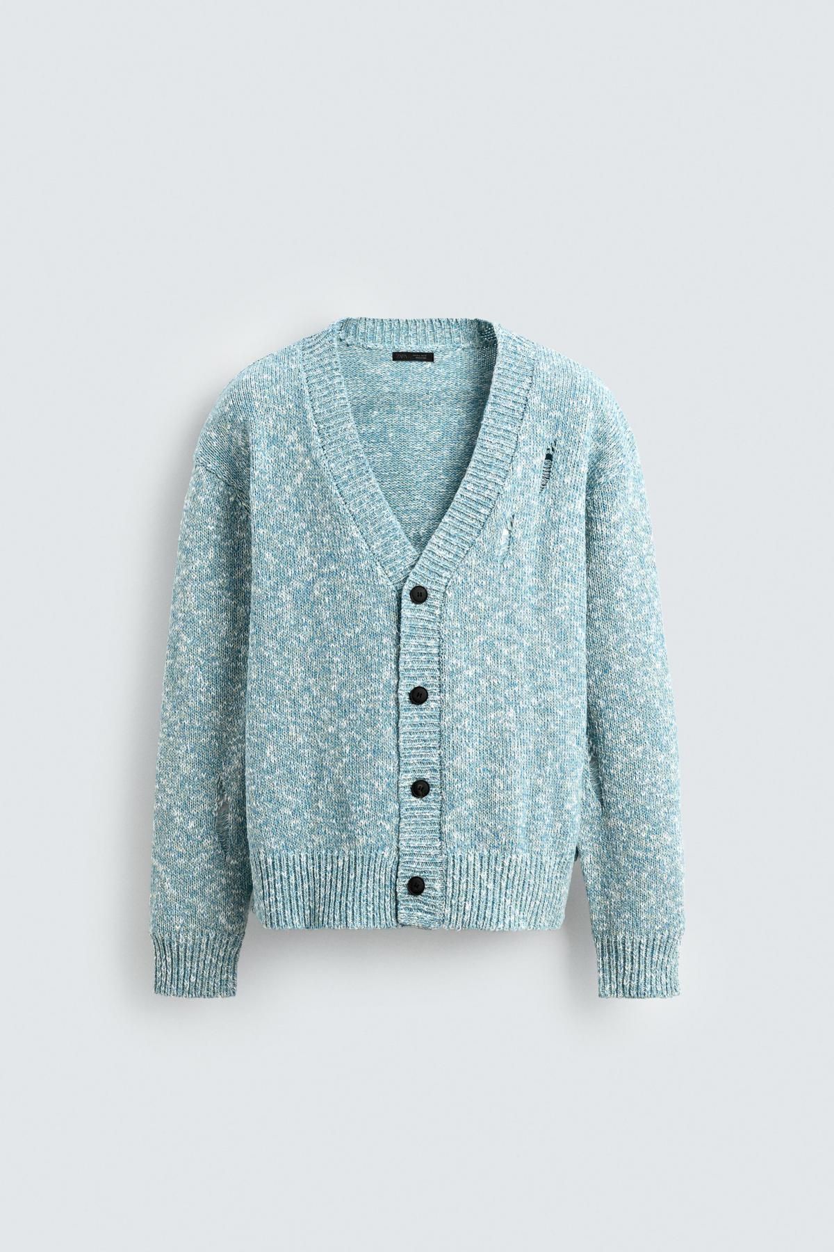 자라 트위스트 얀 디스트로이드 브이넥 가디건 3920/275 LIGHT BLUE - 메인 이미지