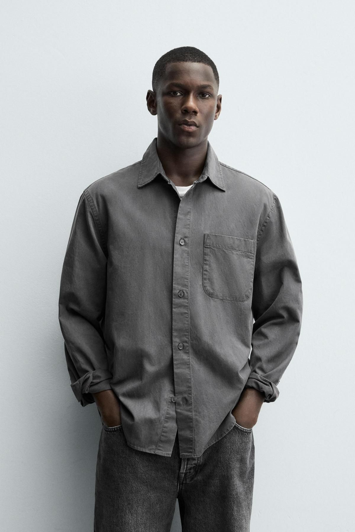 자라 워시드 테크니컬 트윌 텍스처 긴팔 셔츠 6887/400 ANTHRACITE GREY - 상세 이미지 3