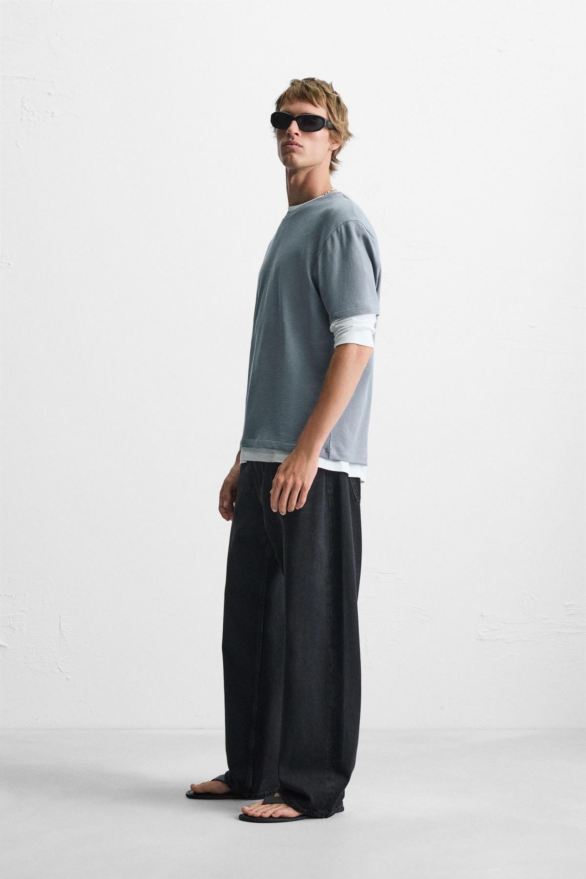 자라 레귤러핏 라운드 니트 반팔 티셔츠 4231/416 GREY / BLUE - 상세 이미지 5