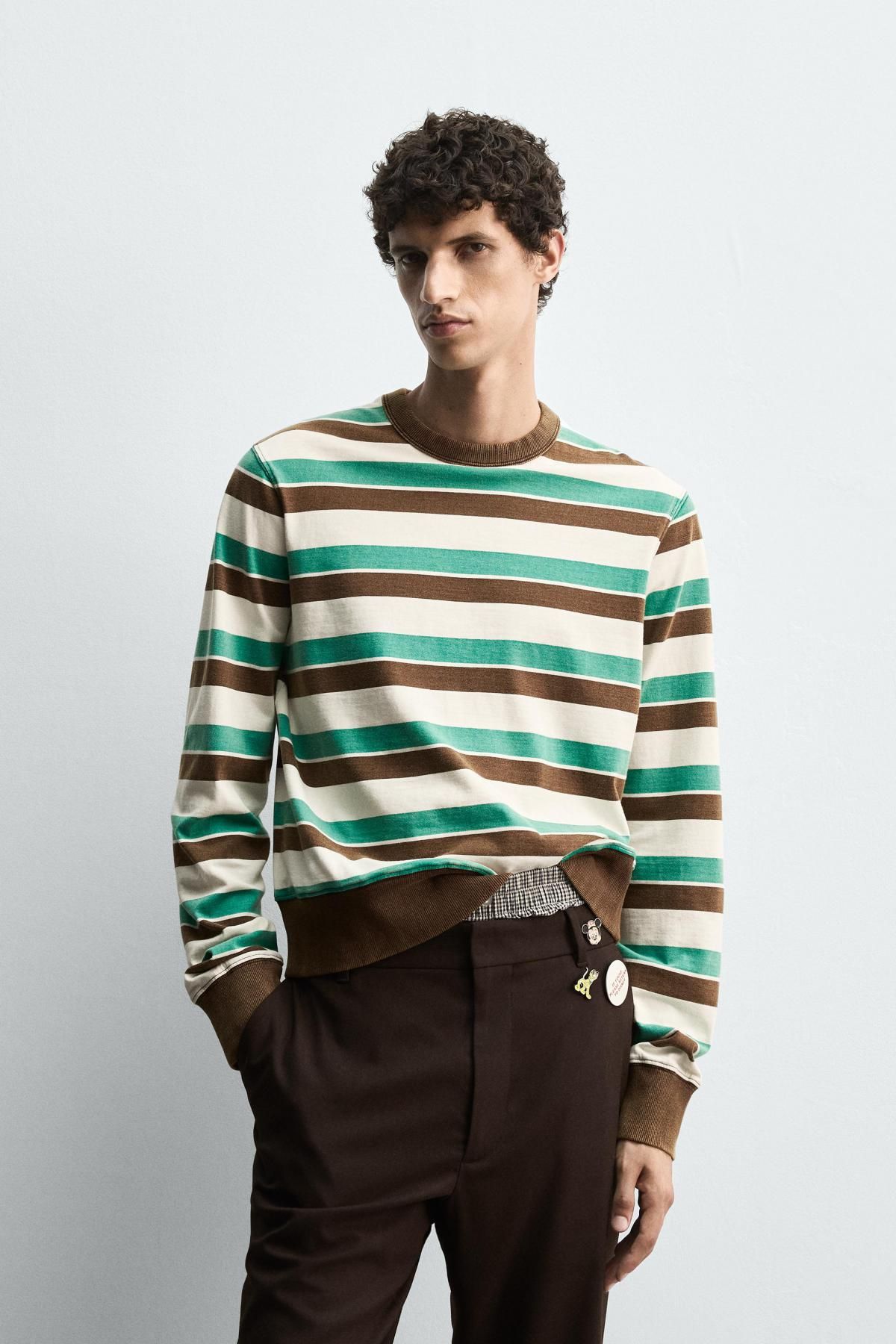 자라 스트라이프 코튼 긴팔 티셔츠 X 해리 램버트 디즈니 1887/302 BROWN / GREEN - 상세 이미지 3