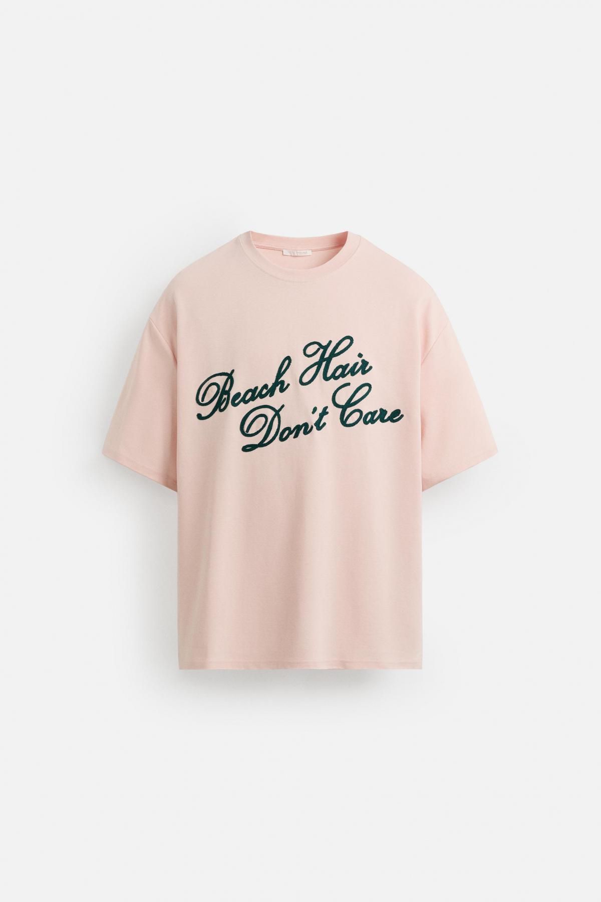 자라 레터링 자수 릴렉스핏 반팔 티셔츠 5584/439 PALE PINK - 메인 이미지