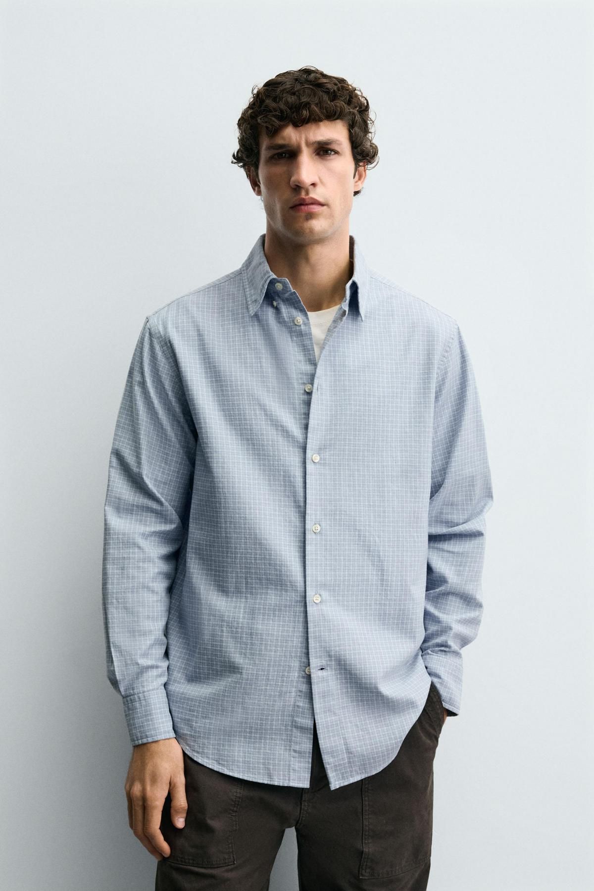 자라 체크 레귤러핏 코튼 긴팔 셔츠 0975/788 WHITE / SKY BLUE - 상세 이미지 3