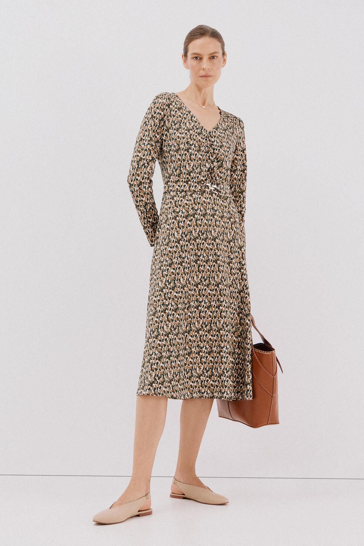 꼬르떼피엘 패턴 브이넥 벨티드 미디 원피스 5202680 ESTAMPADO BEIGE - 상세 이미지 2