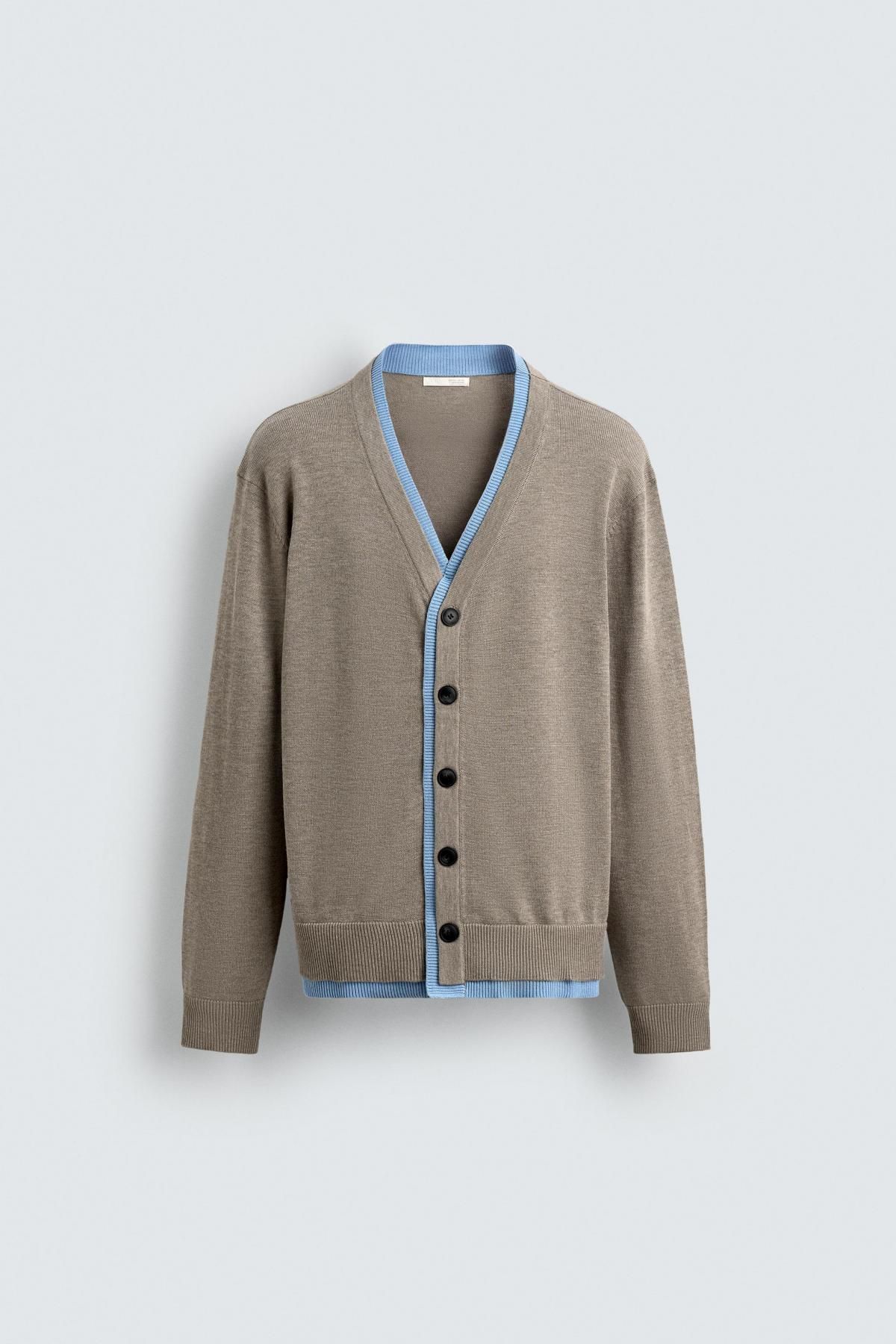 자라 테크니컬 배색 브이넥 가디건 3920/121 BEIGE - 메인 이미지