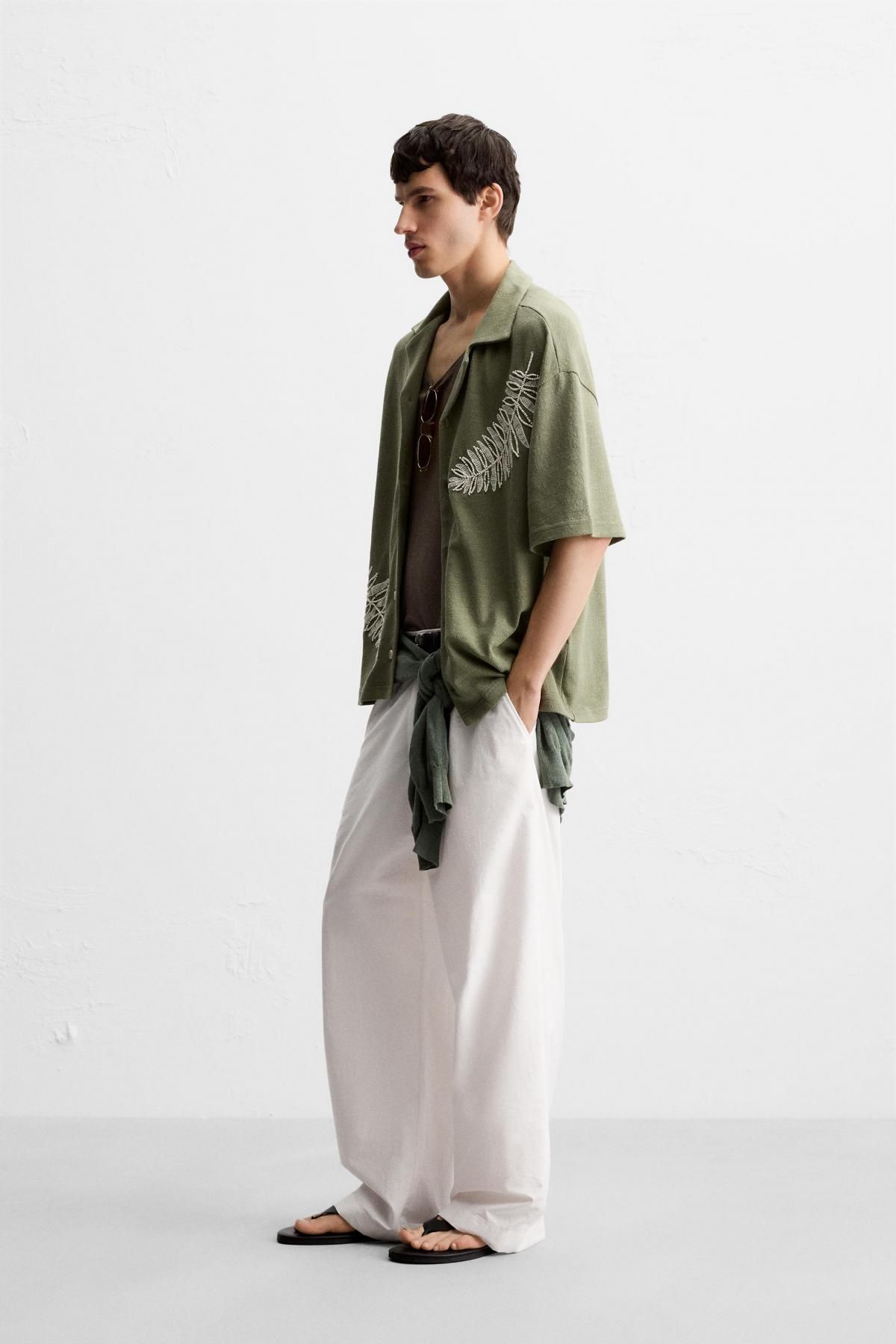자라 자수 포인트 오픈카라 반팔 셔츠 0881/417 GREEN - 상세 이미지 5