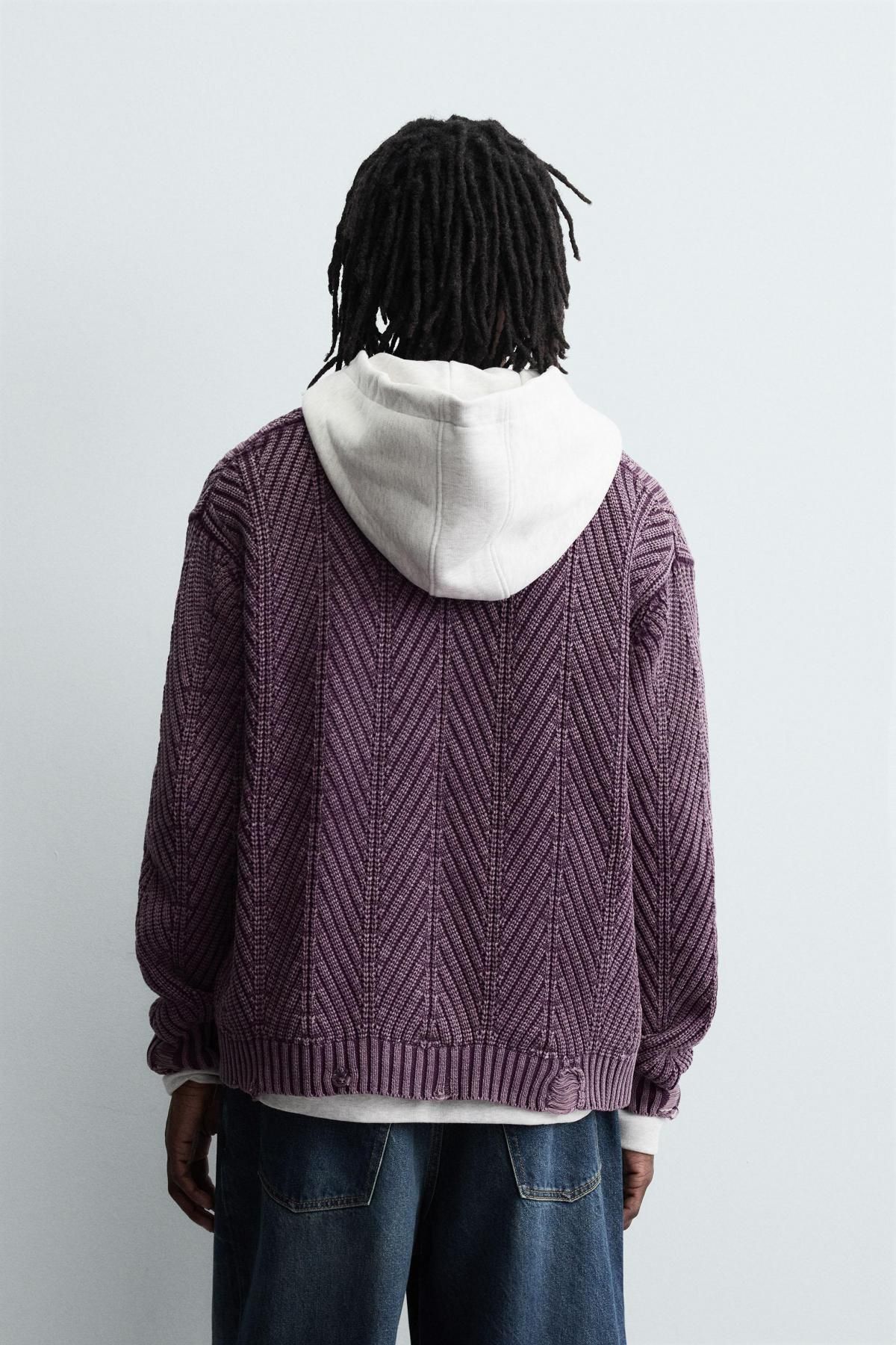 자라 빈티지 디스트로이드 텍스처 브이넥 가디건 3920/297 LILAC - 상세 이미지 4