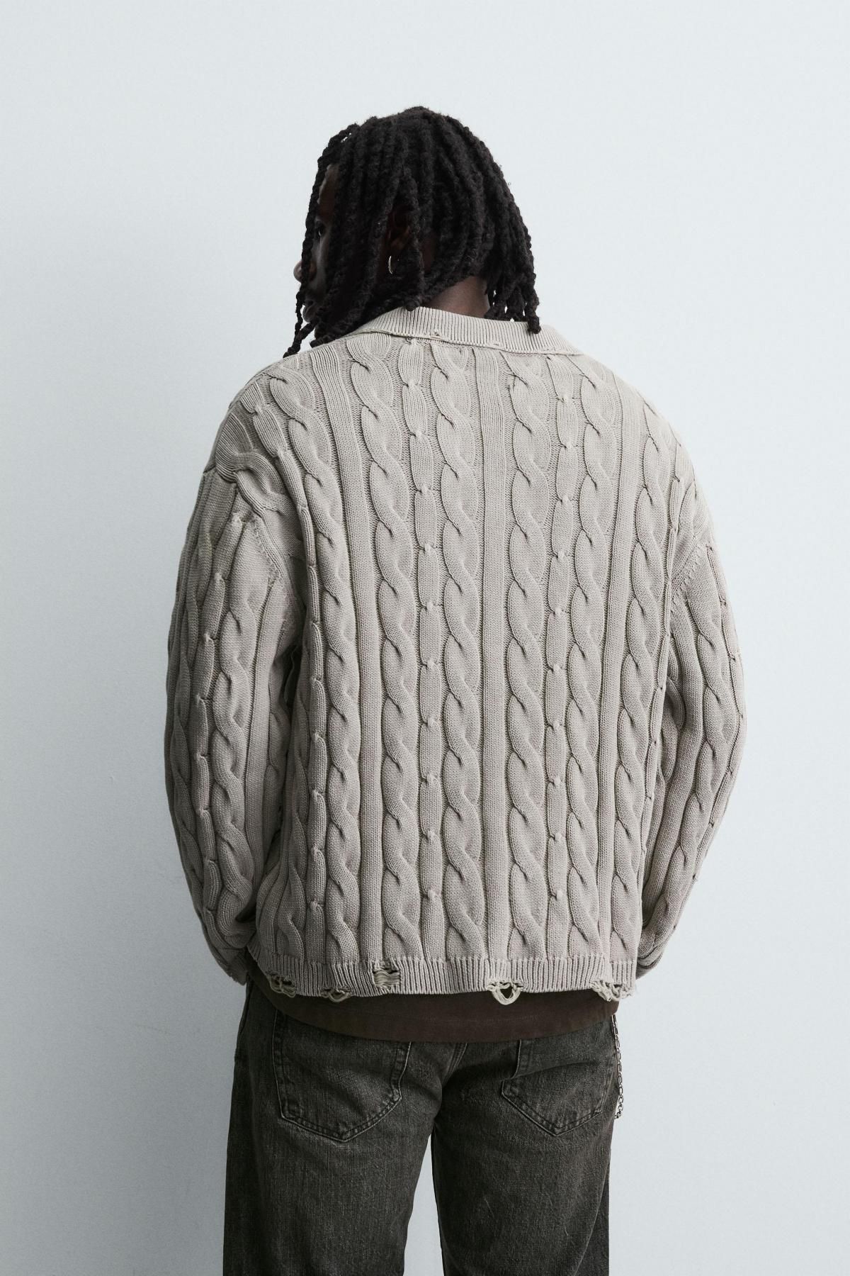 자라 디스트로이드 케이블 니트 긴팔 폴로셔츠 9598/309 PEARL GREY - 상세 이미지 4