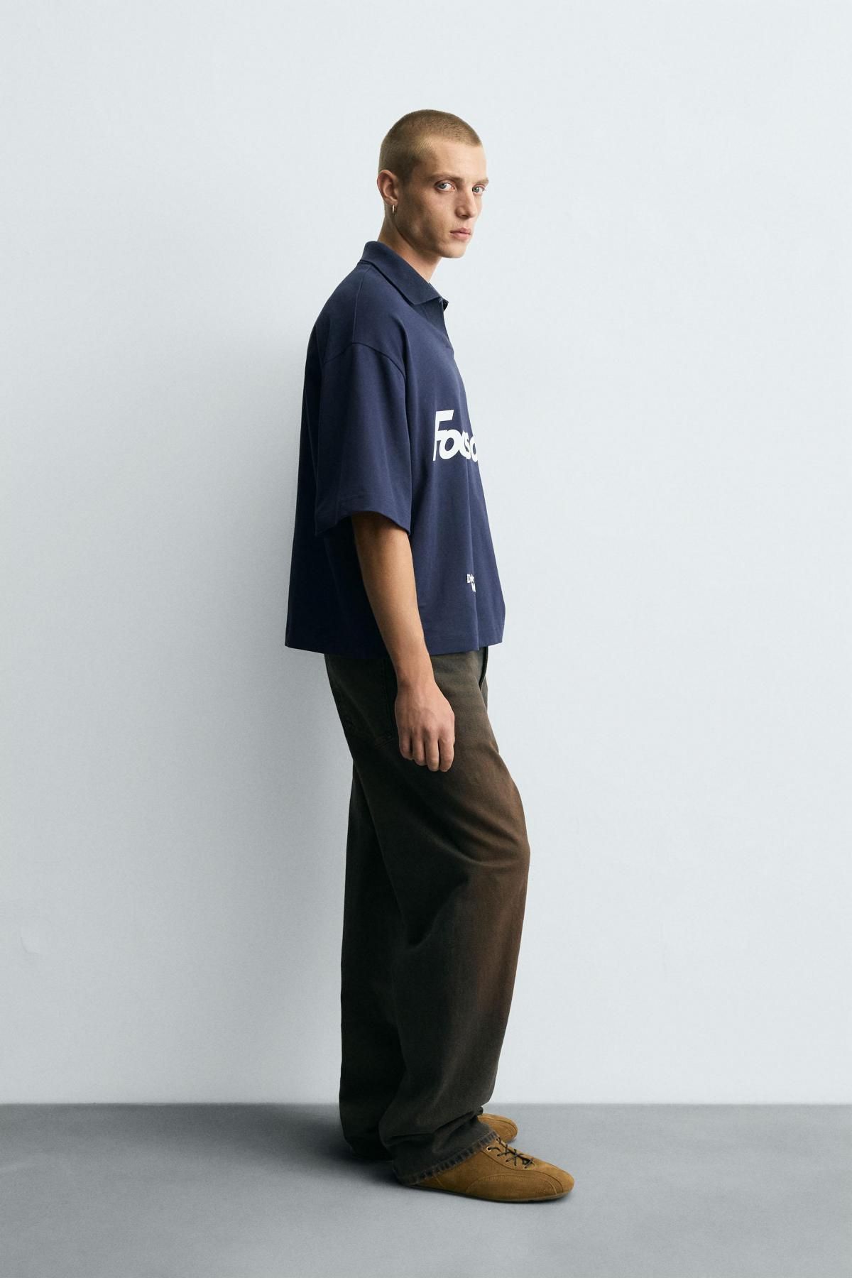 자라 오버핏 네이비 슬로건 프린트 반팔 폴로셔츠 3665/306 NAVY BLUE - 상세 이미지 5