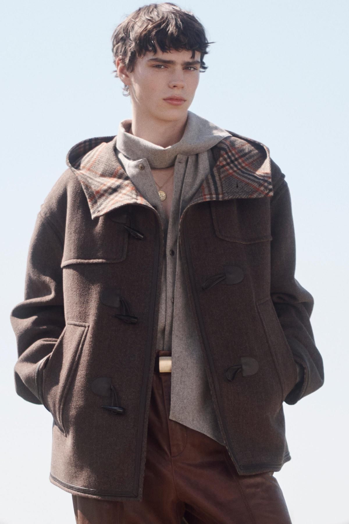 자라 한정판 울블렌드 체크 후드 더플 코트 브라운 6153/700 TAUPE - 상세 이미지 3