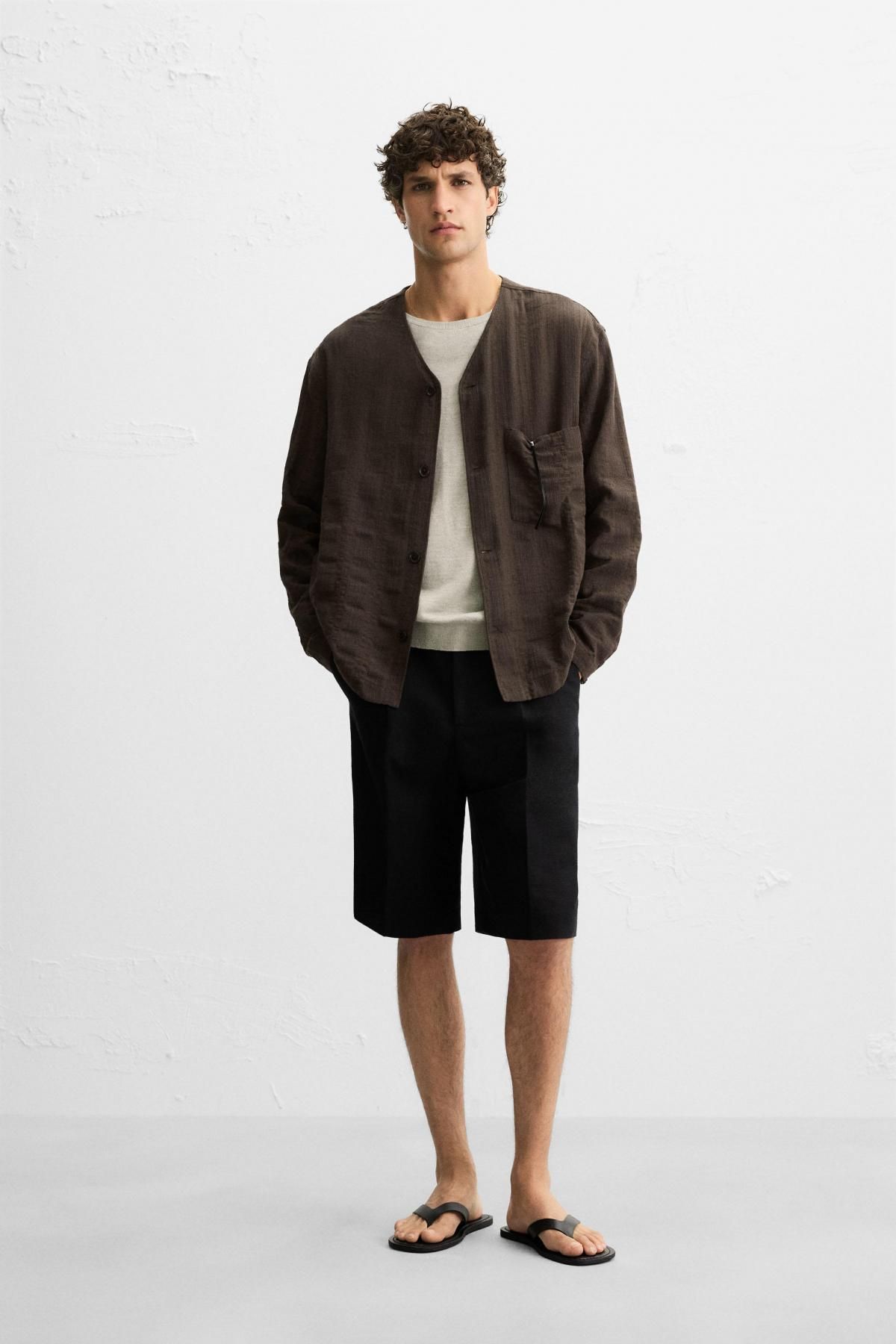 자라 스트라이프 자카드 브이넥 긴팔 셔츠 5782/042 BROWN - 상세 이미지 2
