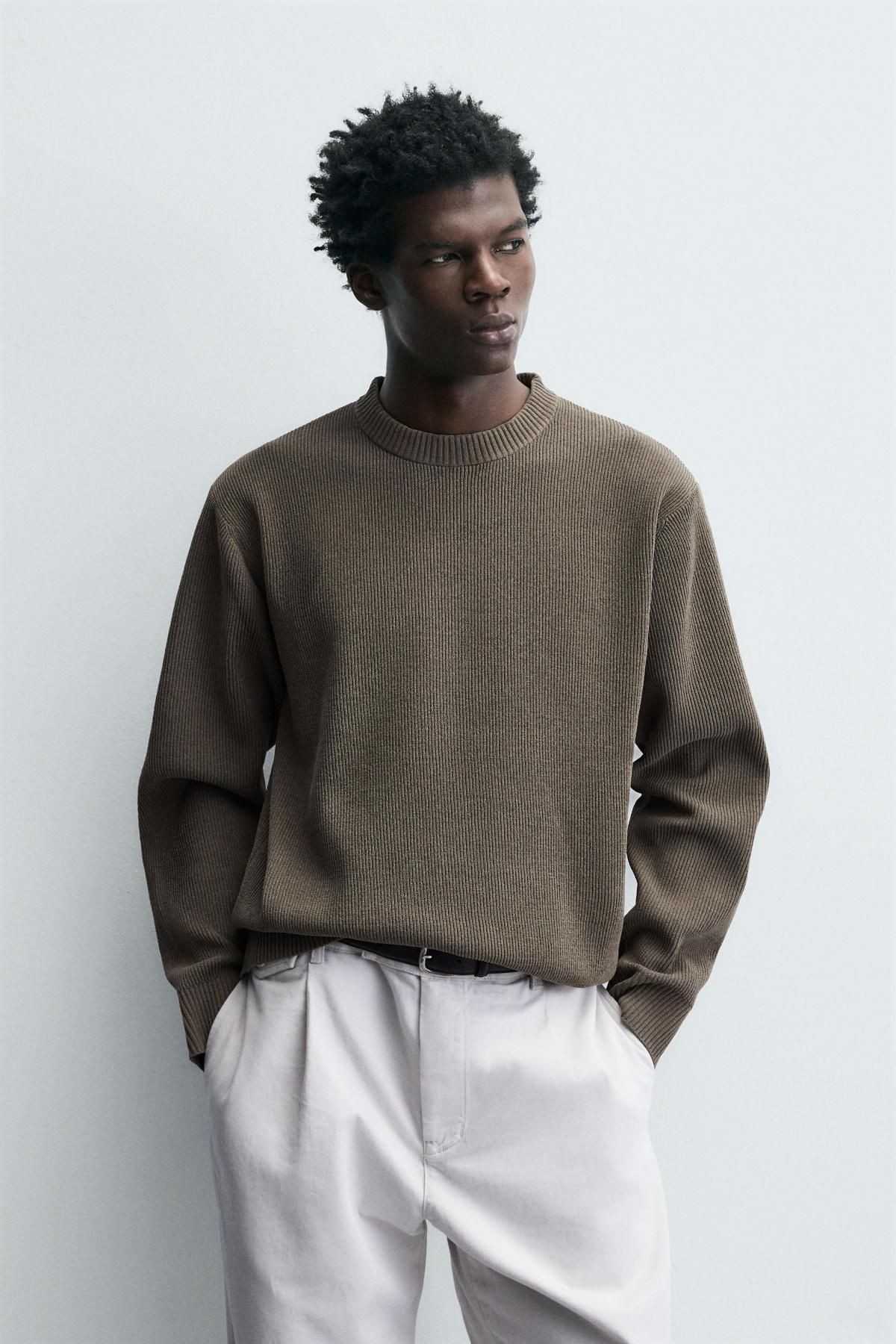 자라 텍스처 라운드넥 브라운 니트 탑 4938/340 MOSS GREEN - 상세 이미지 3