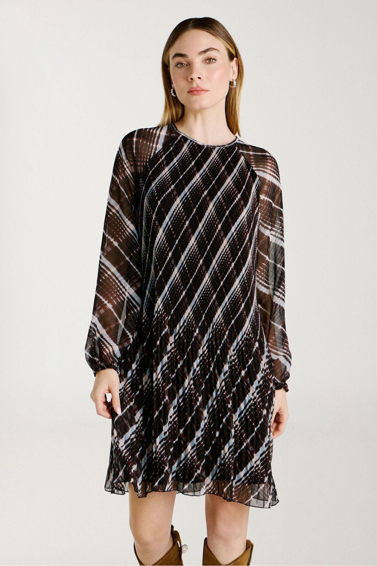 빌라 플리츠 쉬폰 체크 미니 원피스 6442235 NEGRO - 상품 이미지