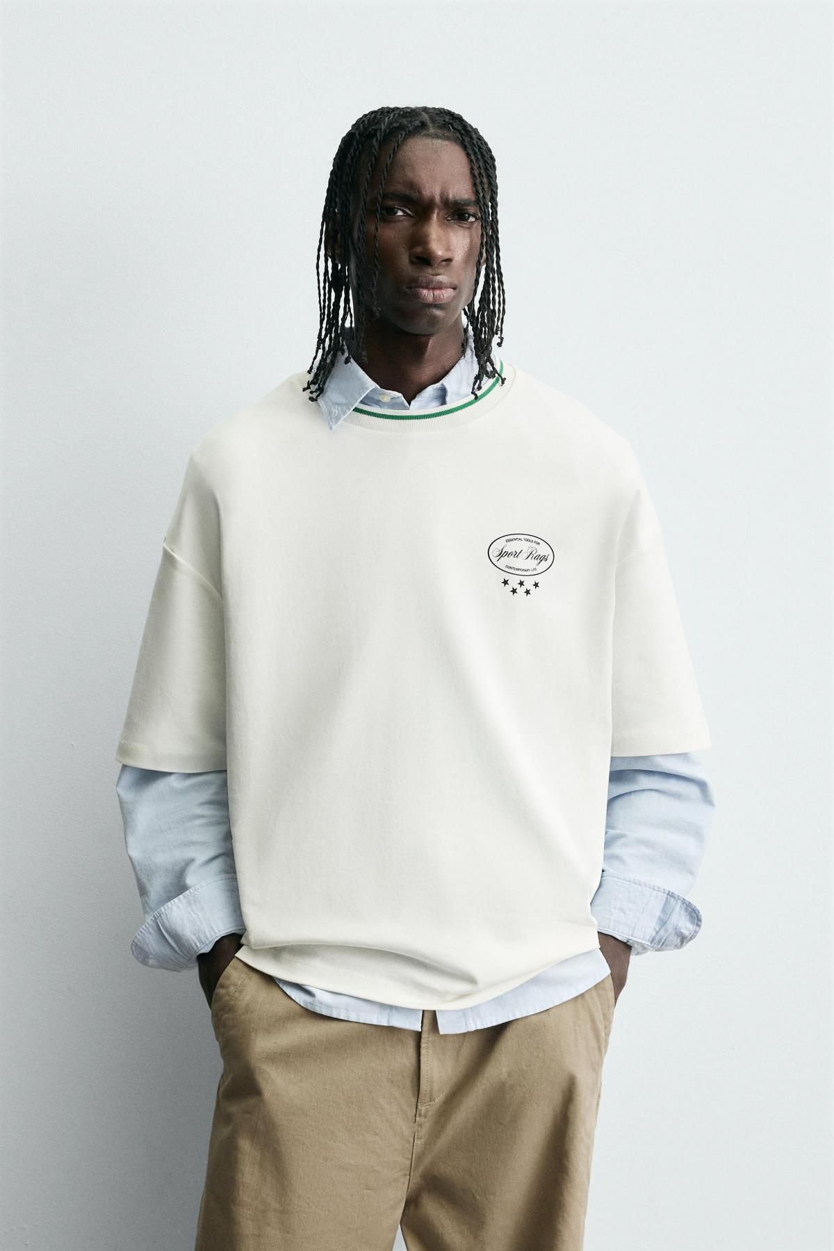 자라 오버핏 콤비 프린트 반팔 티셔츠 0761/374 OYSTER-WHITE - 상세 이미지 3