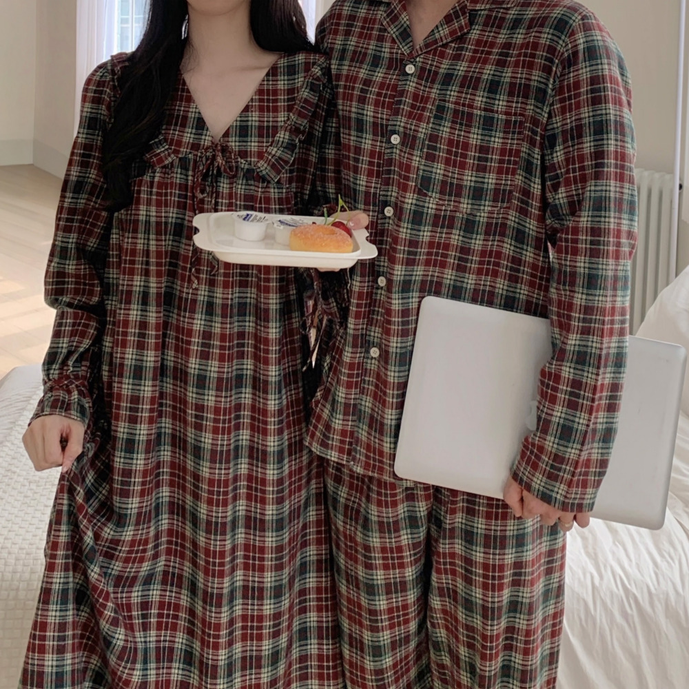 피치기모잠옷 신혼부부커플잠옷 파자마파티 크리스마스 가을 겨울 긴팔 원피스 홈웨어 - 상세 이미지 5