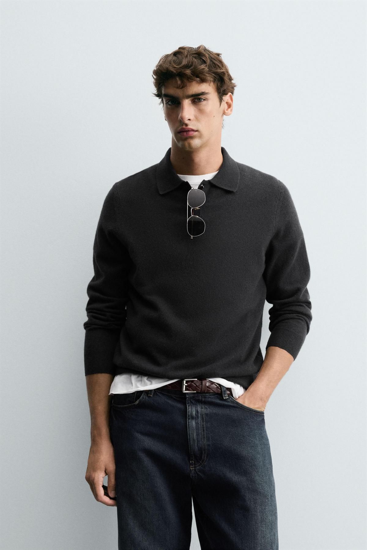 자라 울 캐시미어 테크니컬 긴팔 니트 폴로셔츠 2893/321 ANTHRACITE GREY - 상세 이미지 3