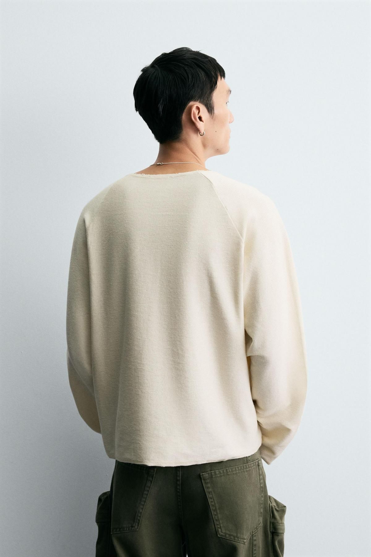자라 오버핏 와플니트 프린트 체크 긴팔 티셔츠 5644/343 OYSTER-WHITE - 상세 이미지 4