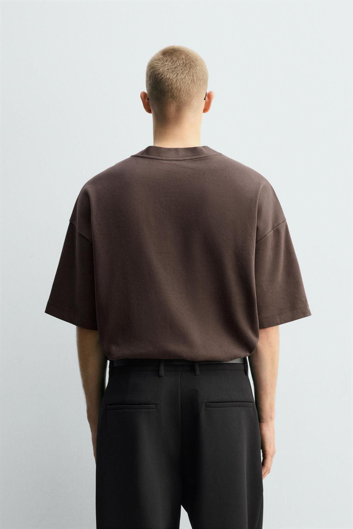 자라 오버핏 브이넥 브라운 반팔 스웨트셔츠 3992/370 CHOCOLATE - 상세 이미지 4