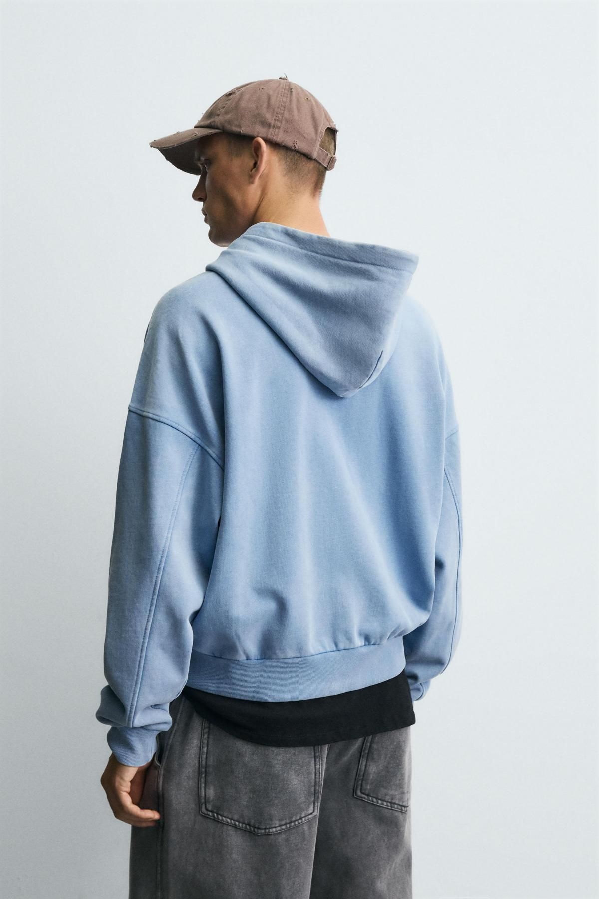 자라 워시드 코튼 집업 후드 스웨트셔츠 3443/334 LIGHT BLUE - 상세 이미지 4