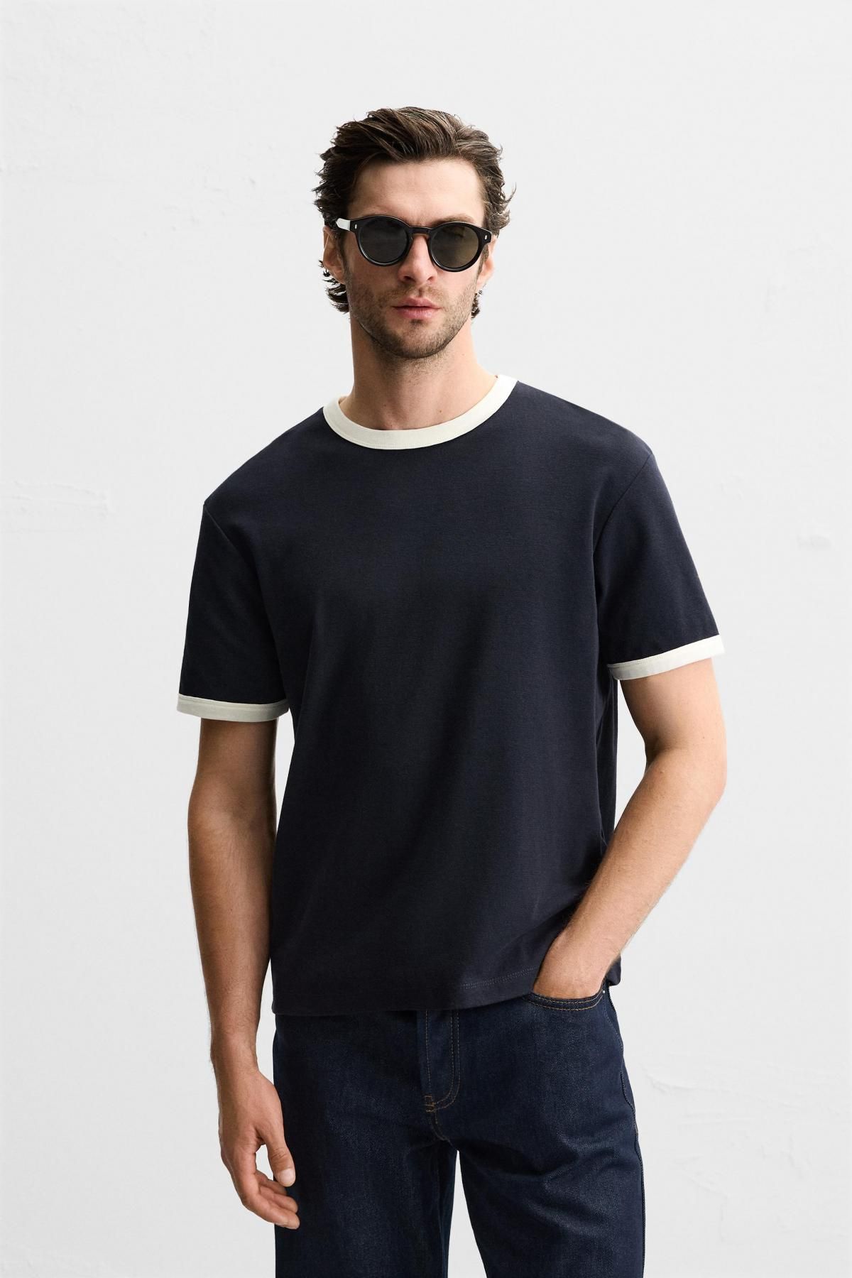 자라 베이직 배색 골지 티셔츠 0761/412 NAVY BLUE - 상세 이미지 3