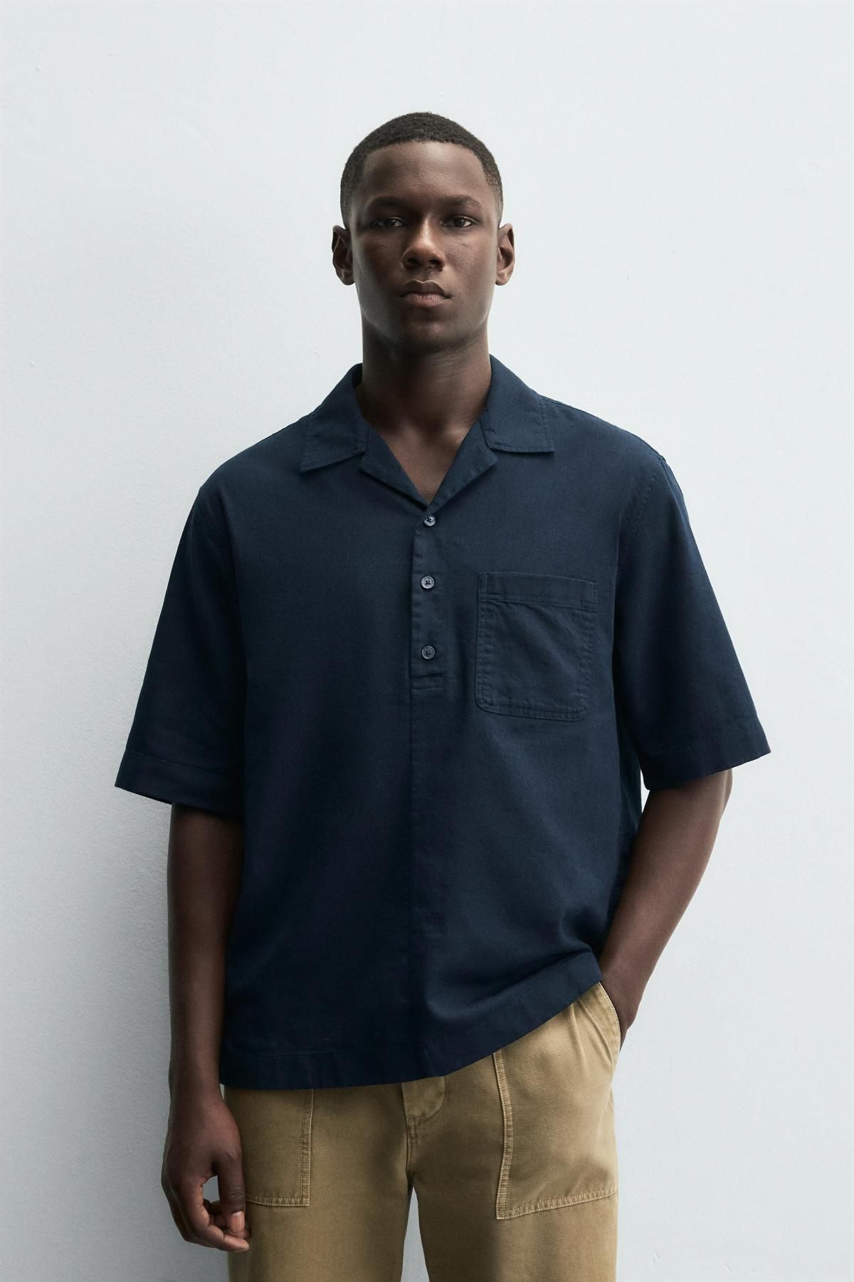 자라 네이비 릴랙스핏 코튼린넨 반팔 폴로셔츠 6048/404 NAVY BLUE - 상세 이미지 3