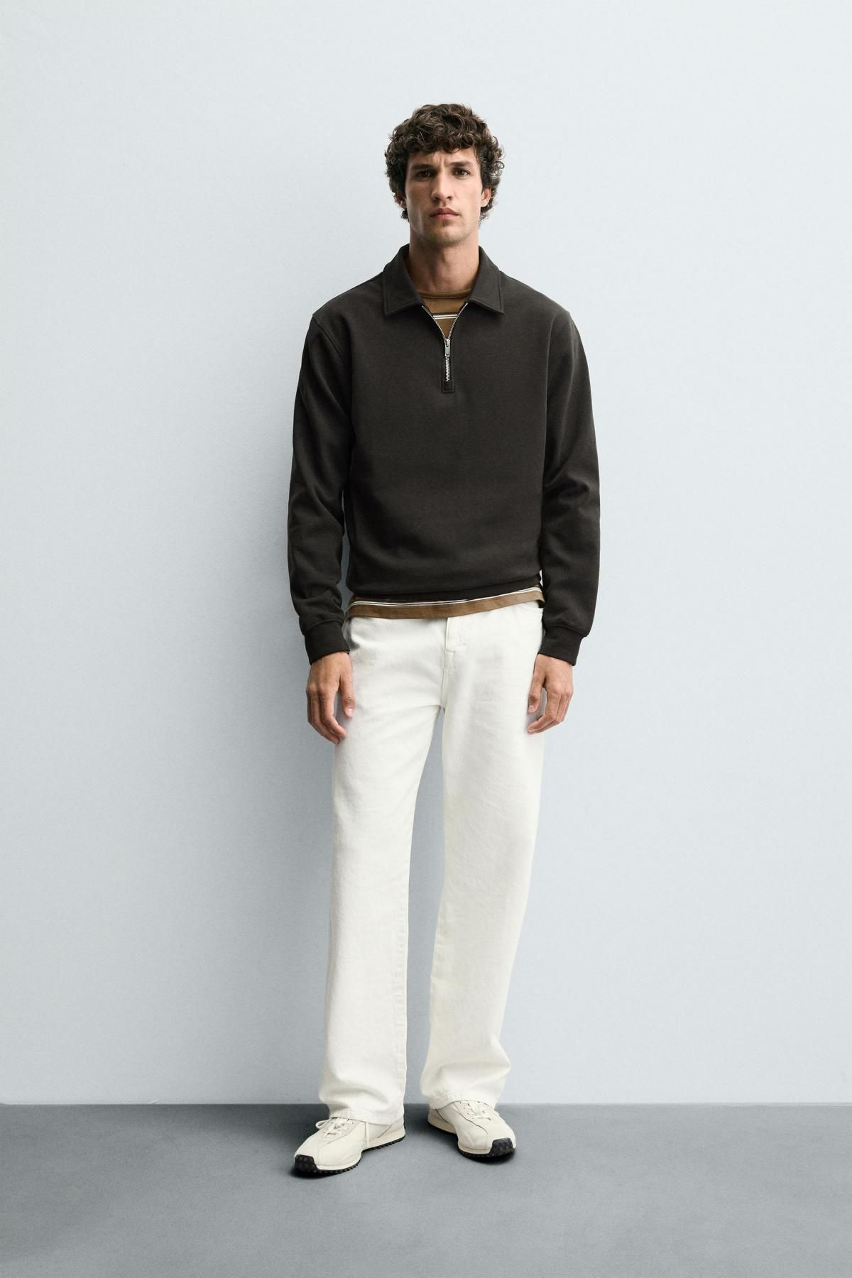 자라 테크니컬 스트레치 인터록 집업 긴팔 폴로셔츠 4092/380 BROWN / TAUPE - 상세 이미지 2