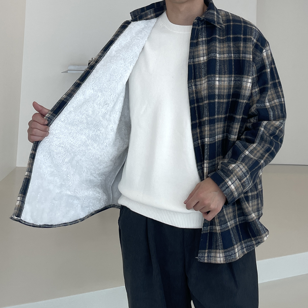 남자 기모셔츠 오버핏 모직 양털 체크 남방 겨울 남자 셔츠 제품 이미지
