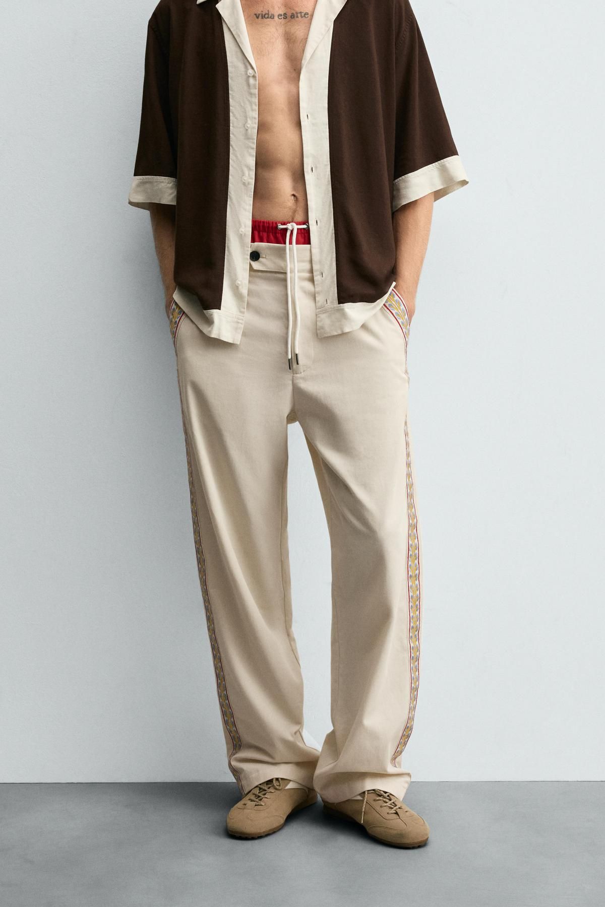 자라 테크니컬 자수 스트라이프 와이드 팬츠 7484/310 ECRU - 상세 이미지 3