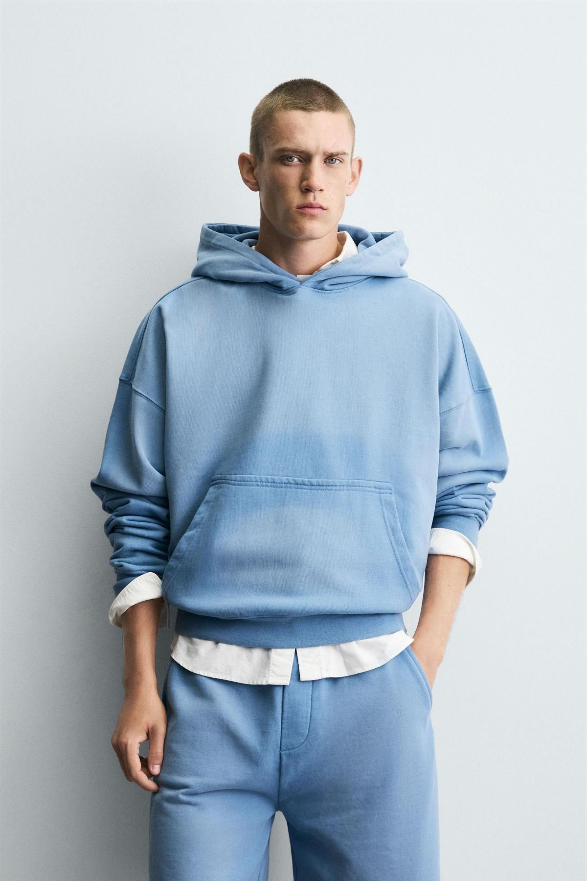 자라 스프레이워시 테크니컬 박시핏 후드 스웨트셔츠 4729/304 LIGHT BLUE - 상세 이미지 3