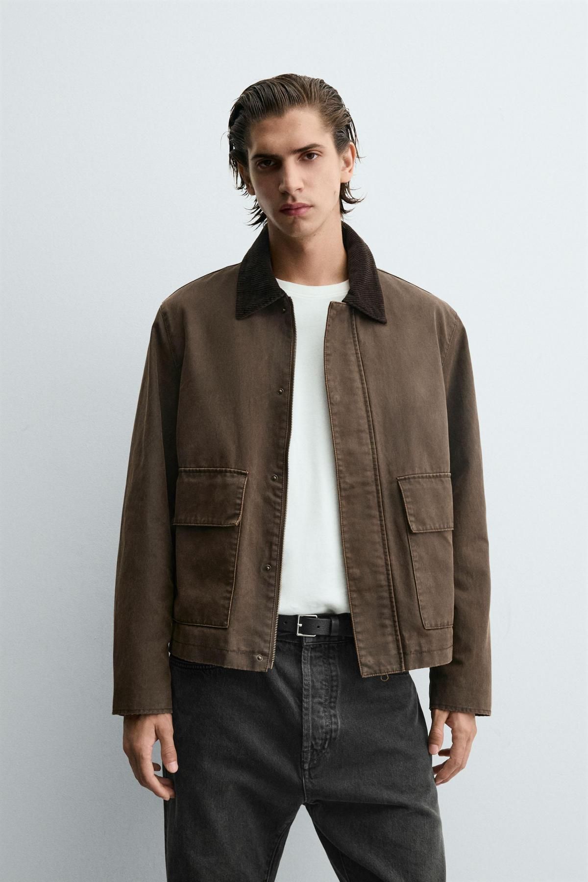 자라 배색 칼라 테크니컬 왁스드 코튼 블렌드 재킷 1437/325 BROWN - 상세 이미지 3