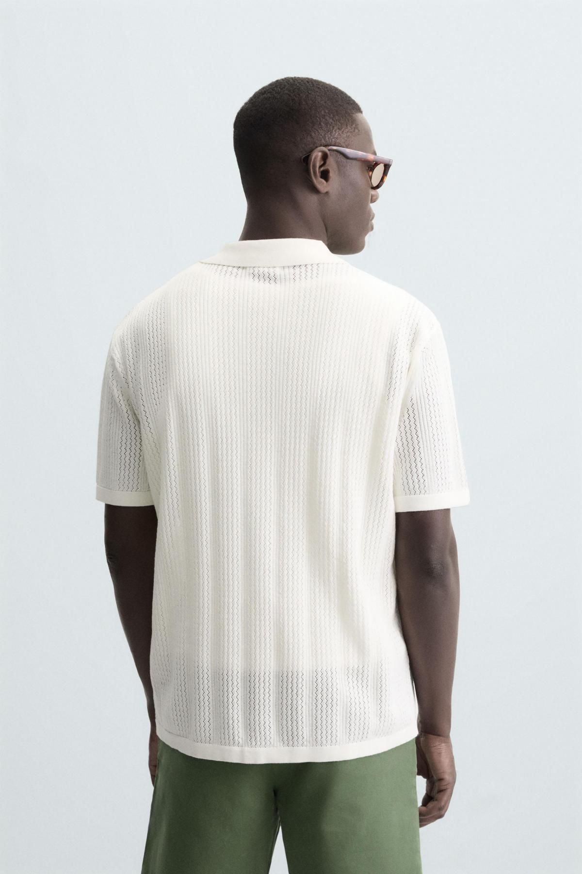 자라 오픈워크 릴랙스핏 코튼 니트 반팔 셔츠 3166/306 OYSTER-WHITE - 상세 이미지 4